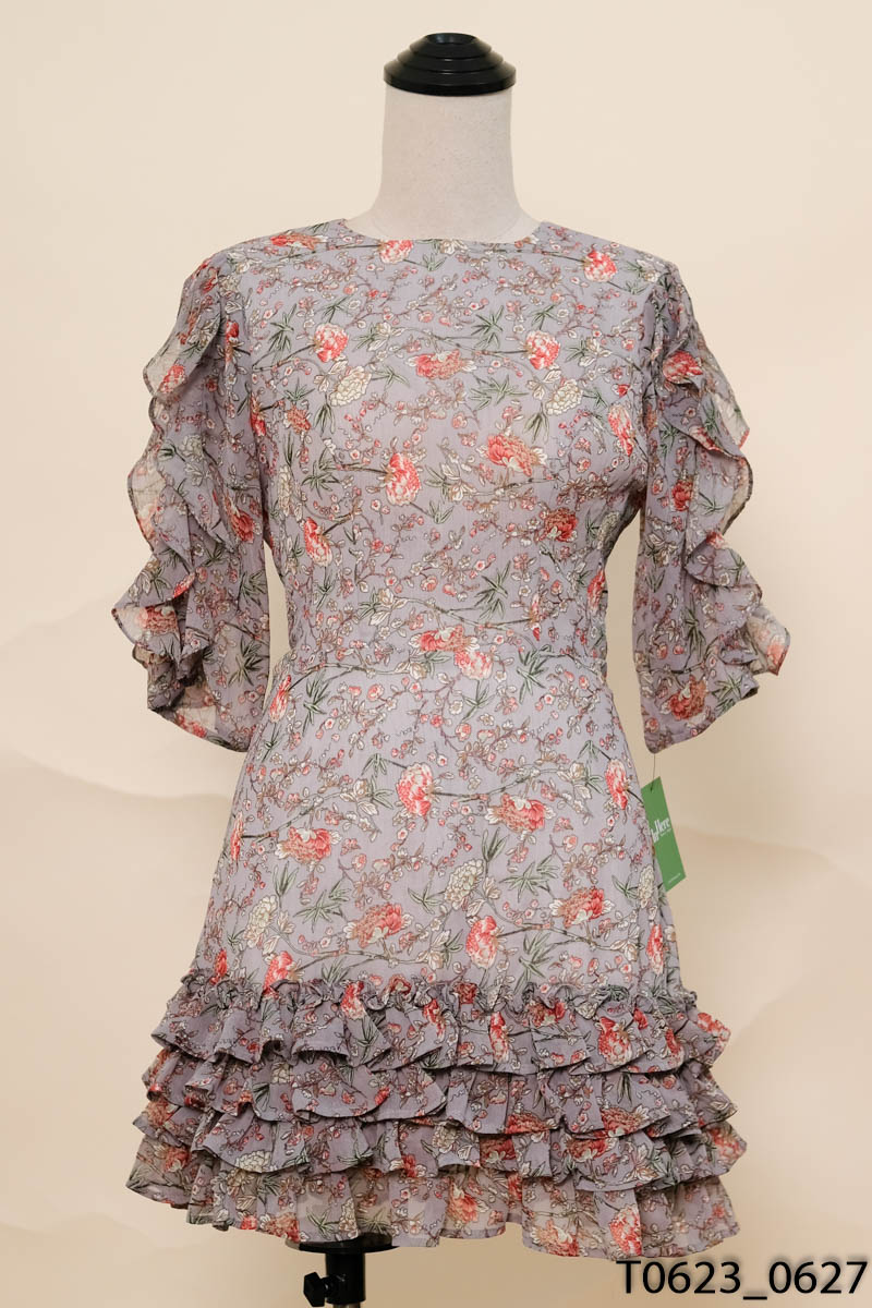 Đầm voan xanh hoa nhí có đệm ngực Sò Vintage