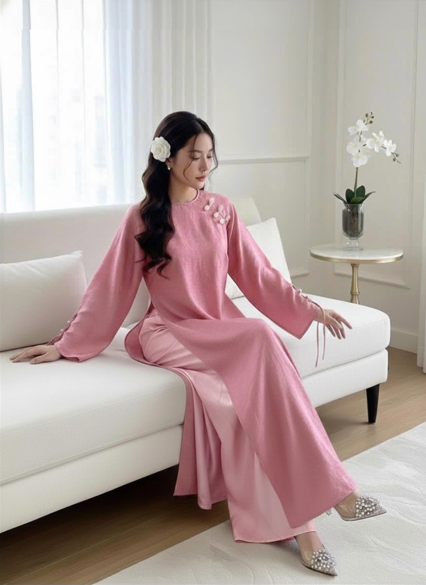 LYNKA- Set áo dài gấm hồng