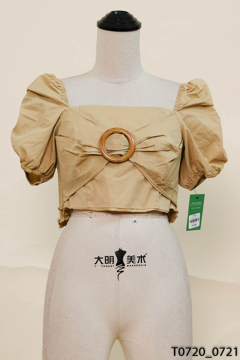 Áo be nâu cổ vuông nhún chun