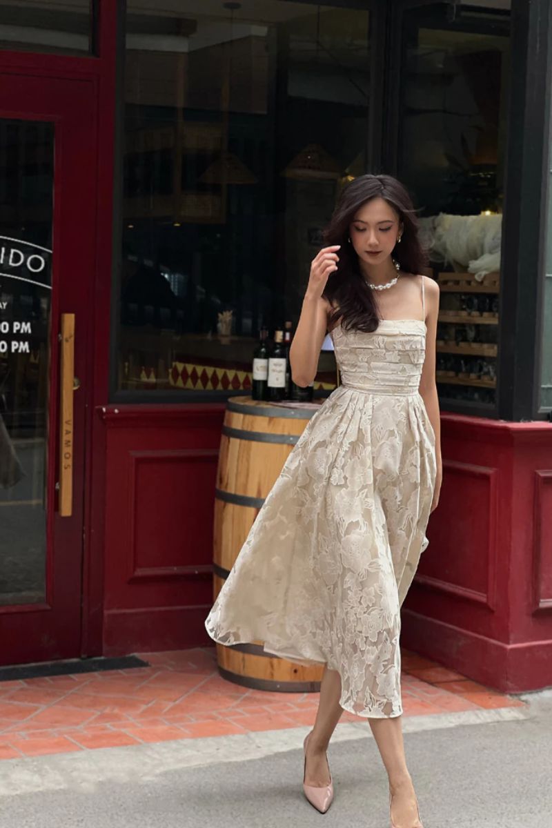 RANDOMLIST - Đầm 2 dây be họa tiết