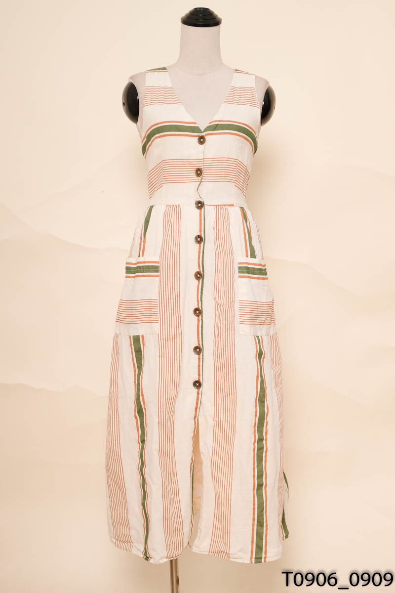 Đầm linen be kẻ sát nách