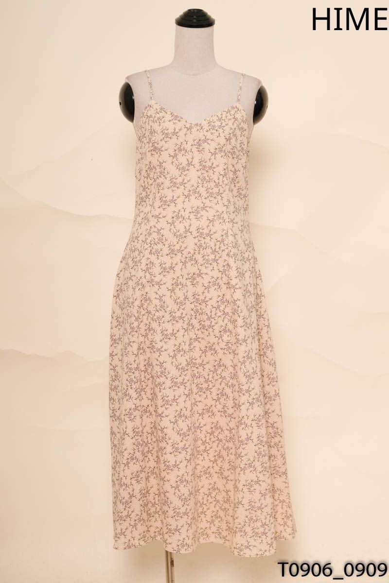 HIME- Đầm 2 dây linen be họa tiết hoa