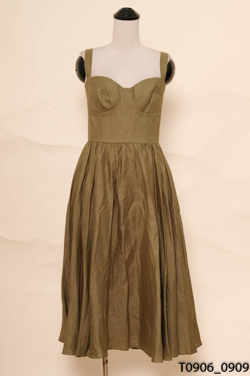 Đầm 2 dây linen xanh Sixdo