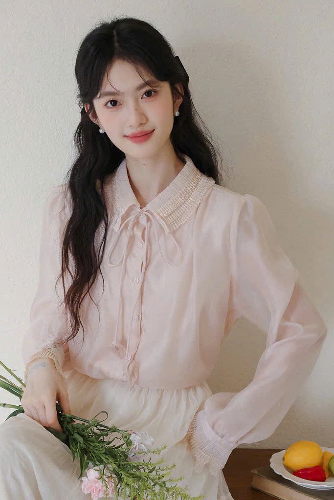 Áo sơ mi hồng cổ ren