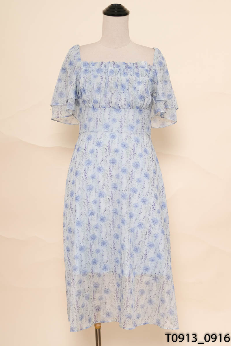ANGELIC CHIC COLLECTION - Đầm xanh cổ vuông họa tiết