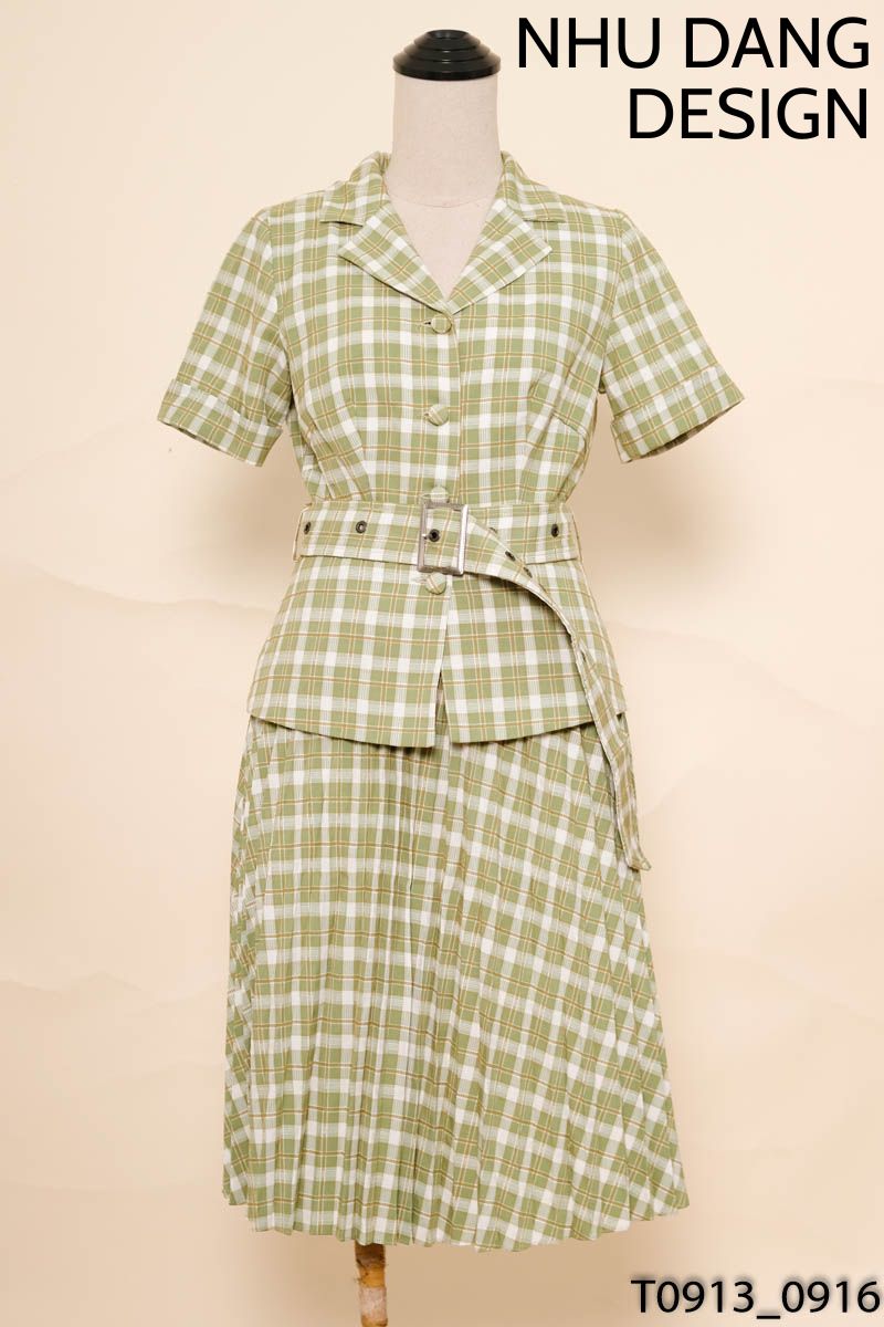 NHU DANG DESIGN - Set áo kẻ caro xanh trắng cổ vest + chân váy