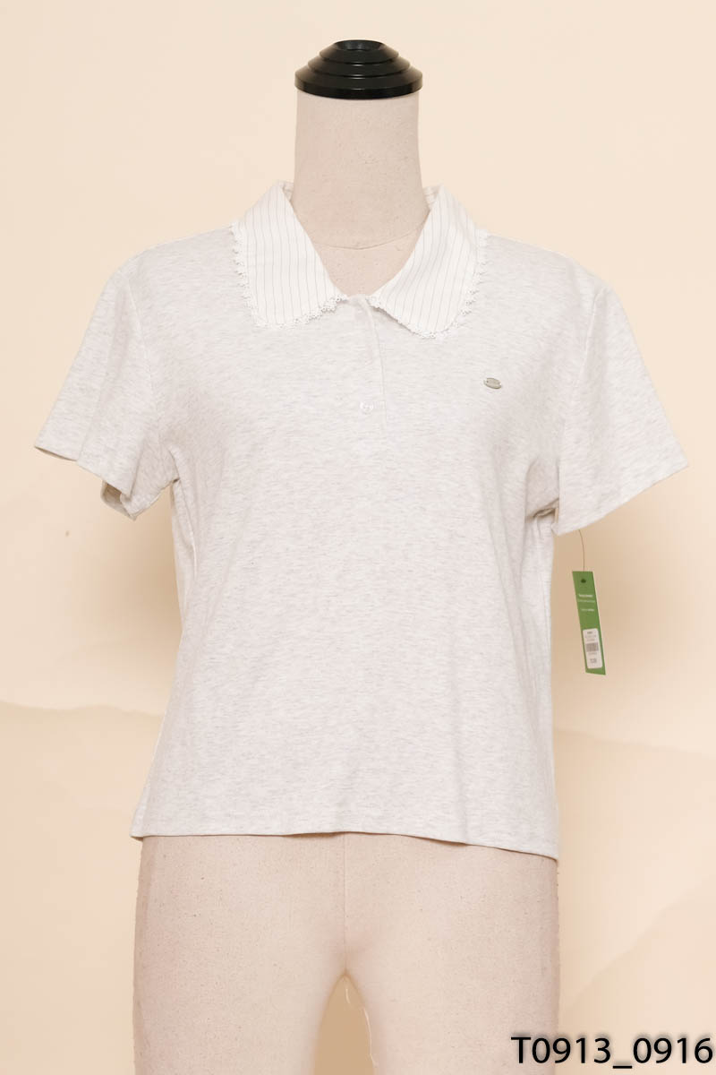 Áo polo xám cổ trắng kẻ