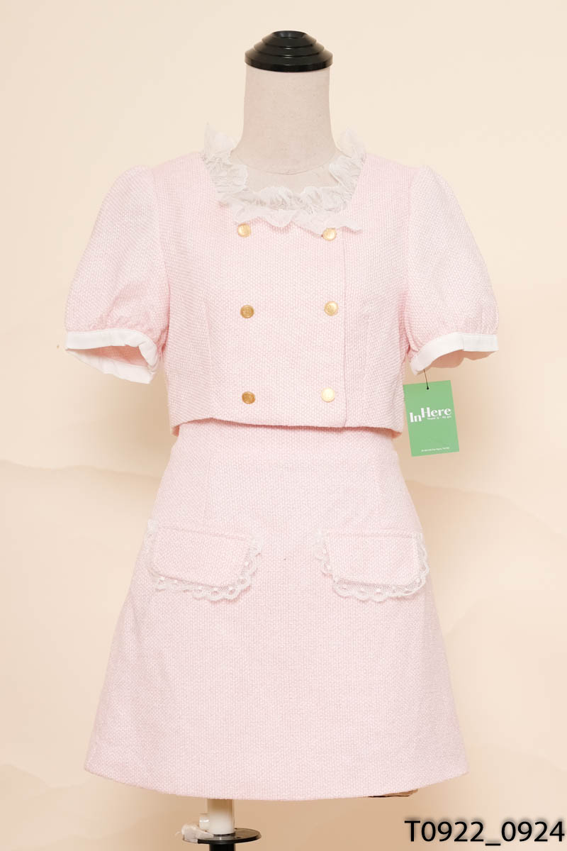 Set áo hồng dạ tweed phối ren + chân váy