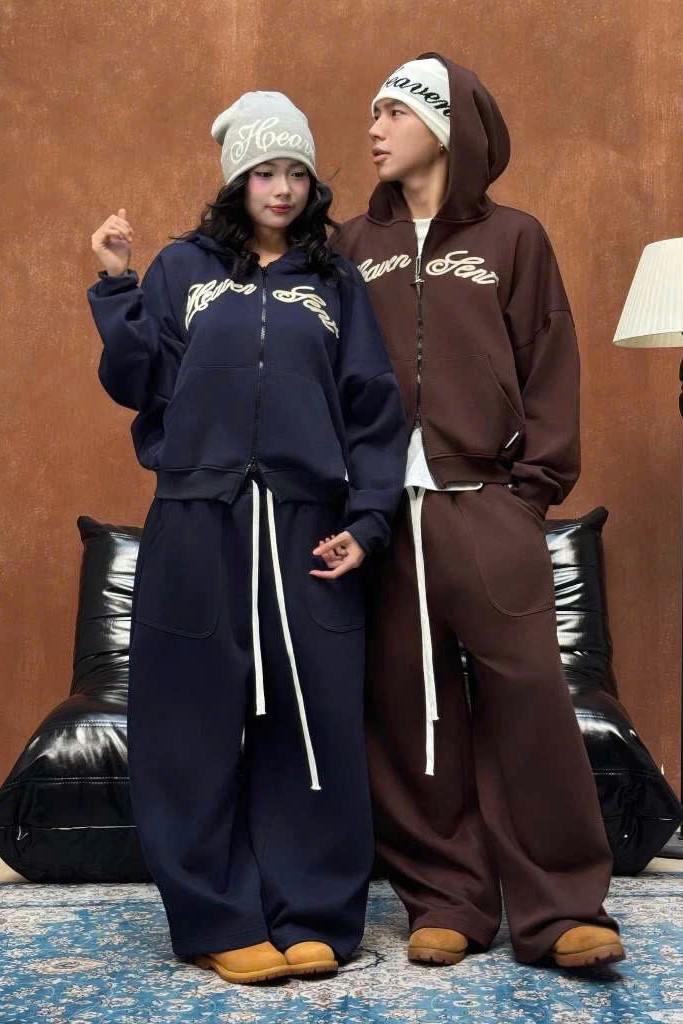 HEAVEN SENT - Set áo hoodie zip nâu + quần ống rộng