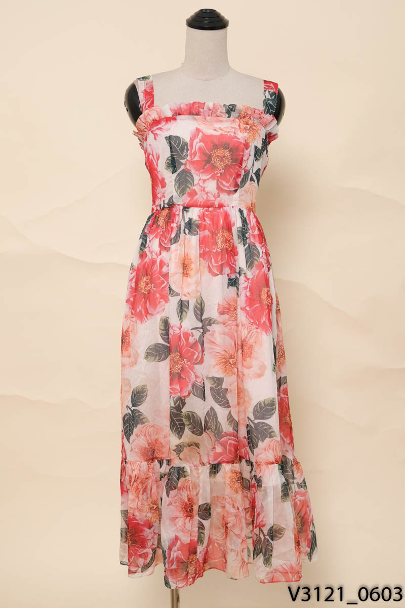 Đầm 2 dây voan hoa đỏ New Tags