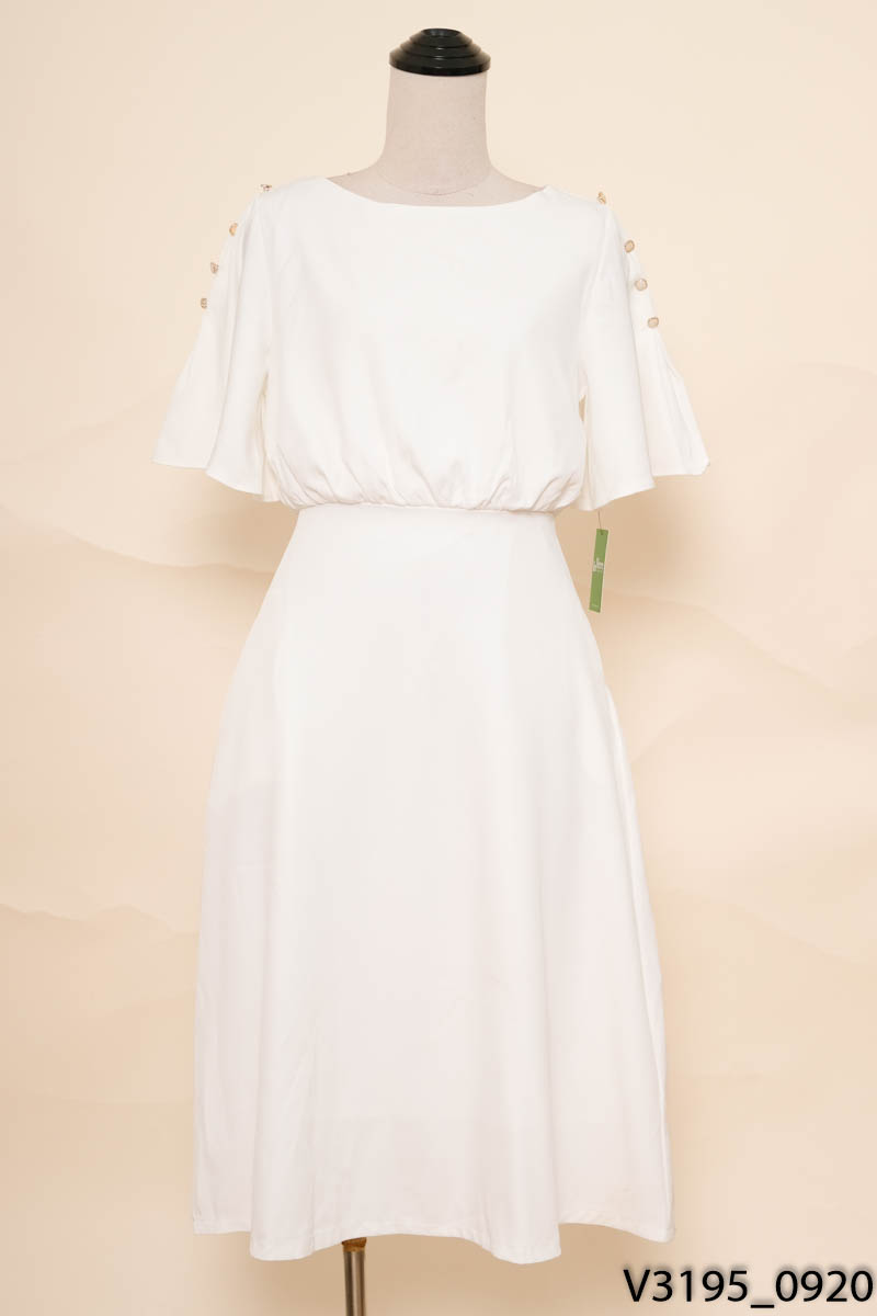 MOD FASHION- Đầm trắng cổ tròn nhún eo New Tags