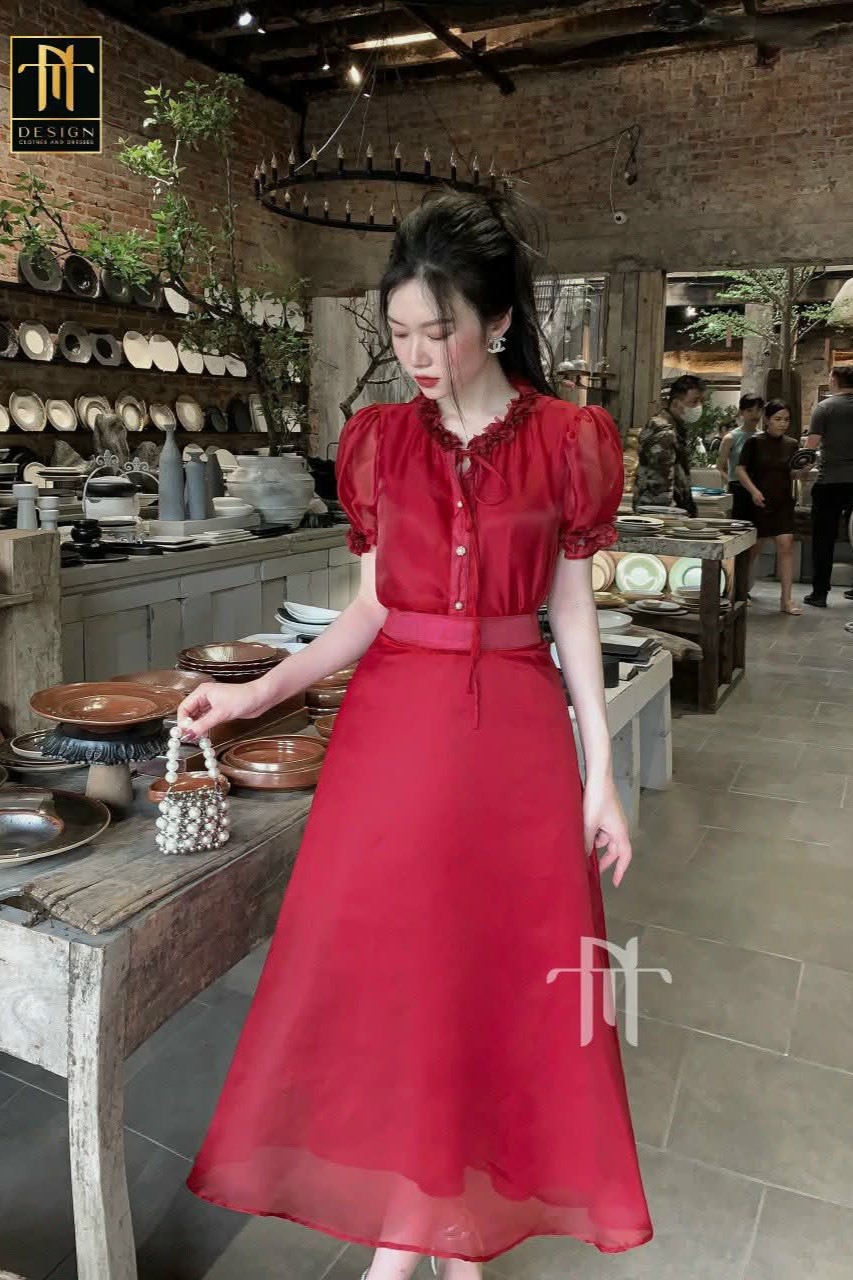 THANH NGA DESIGN- Set đỏ viền hoa cúc ngọc