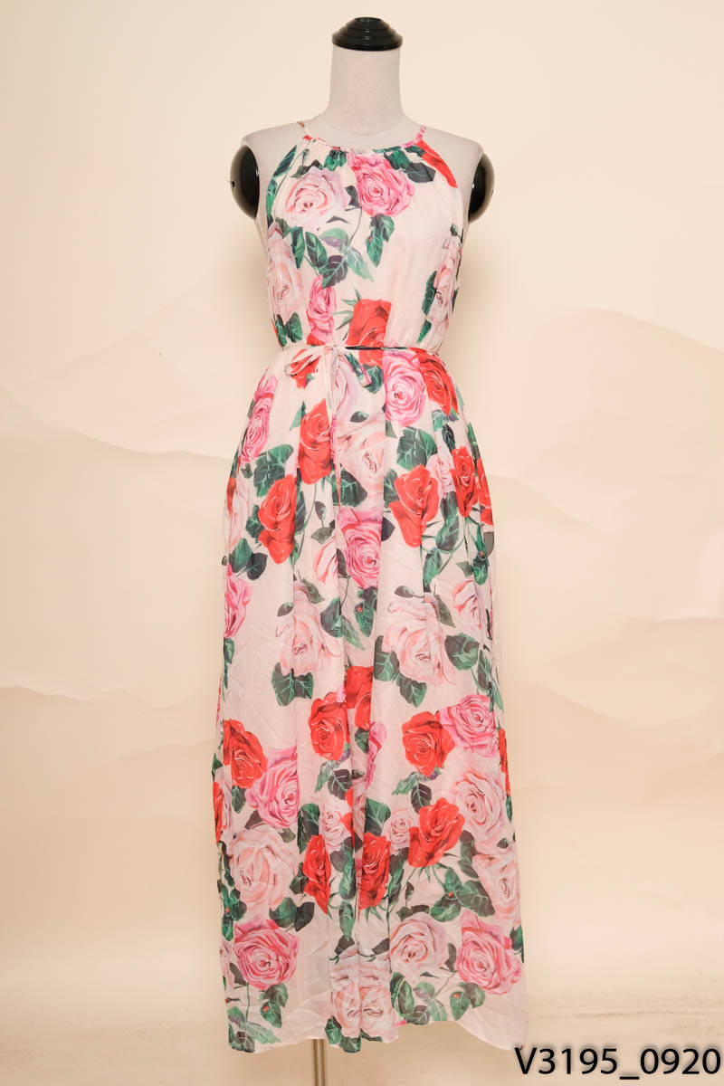TANI DESIGN- Đầm be cổ yếm hoa hồng New Tags