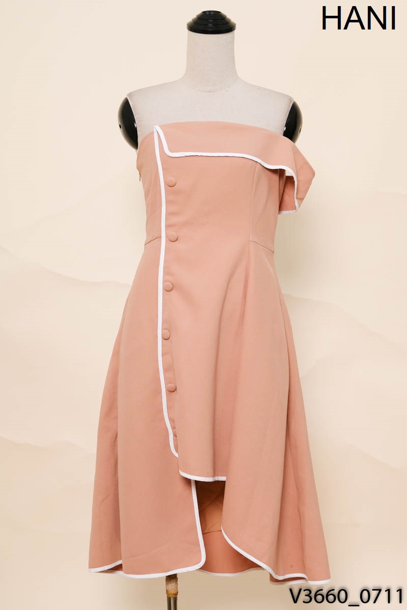 HANI - Đầm lệch vai nâu viền trắng New Tags