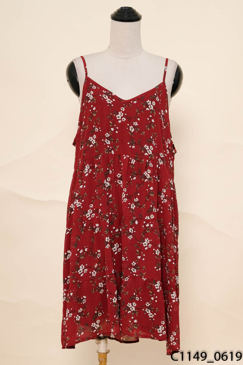 Đầm 2 dây babydoll đỏ hoa trắng