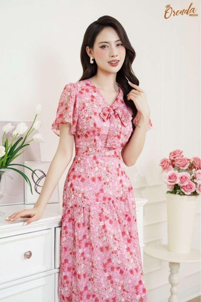 ORENDA MODA- Đầm hồng hoa đỏ New Tags