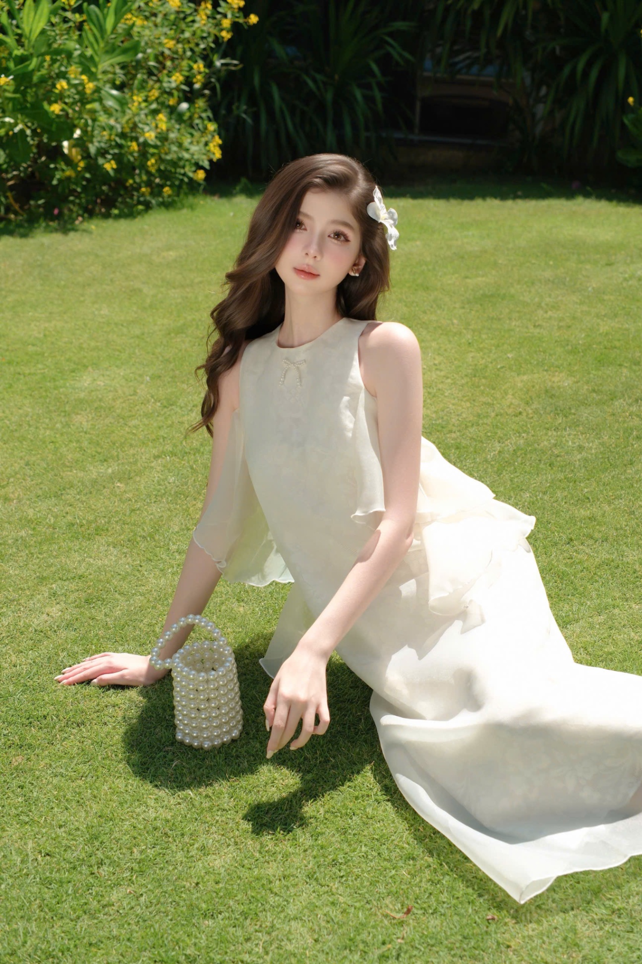 Váy nữ Germe VVNH042511 Latte dress suông 2 lớp ren phủ tơ, thân kẹp bèo rủ HB25V01(Y)