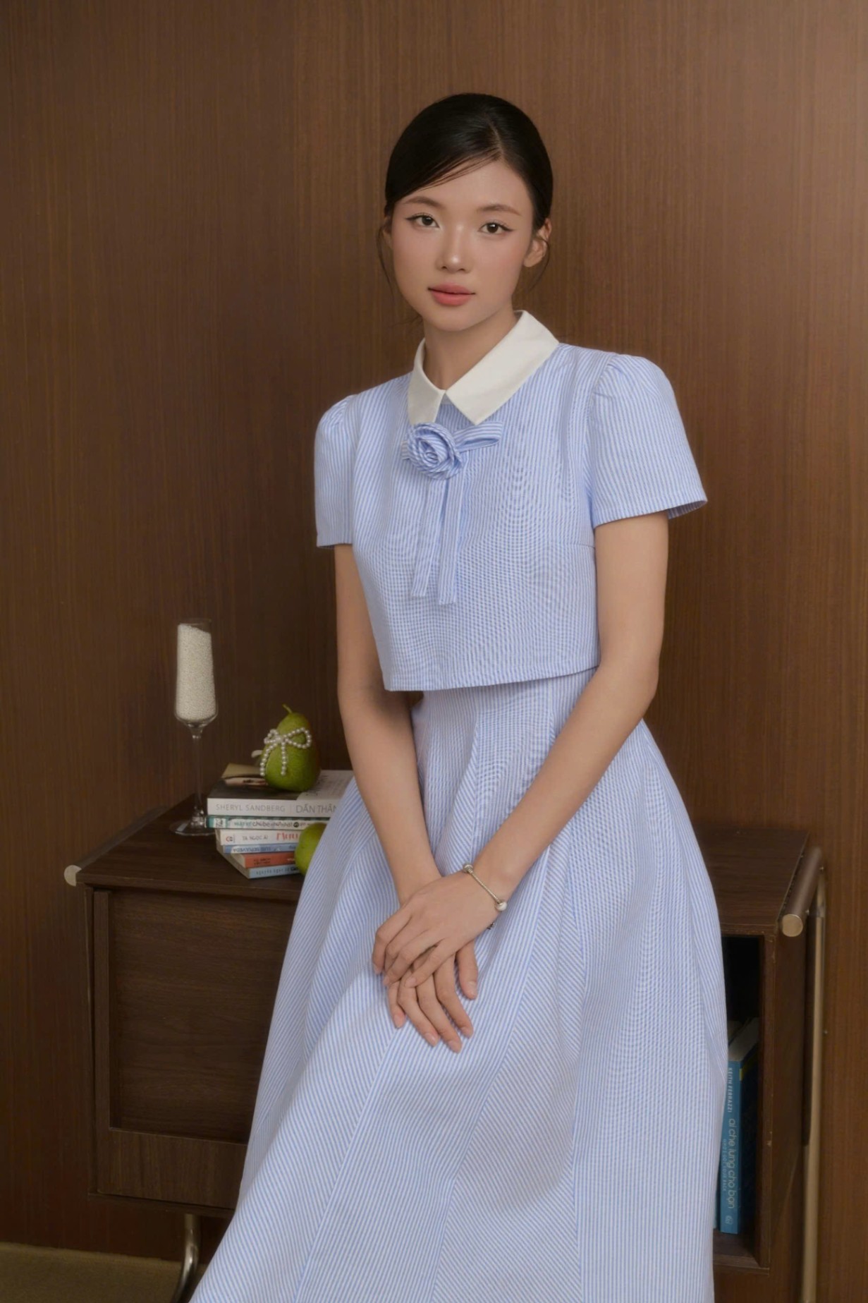 Đầm nữ Germe VVNH062508 Hạ Lam Dress giả set phối cổ trắng,nơ cổ HC25V46(Y)