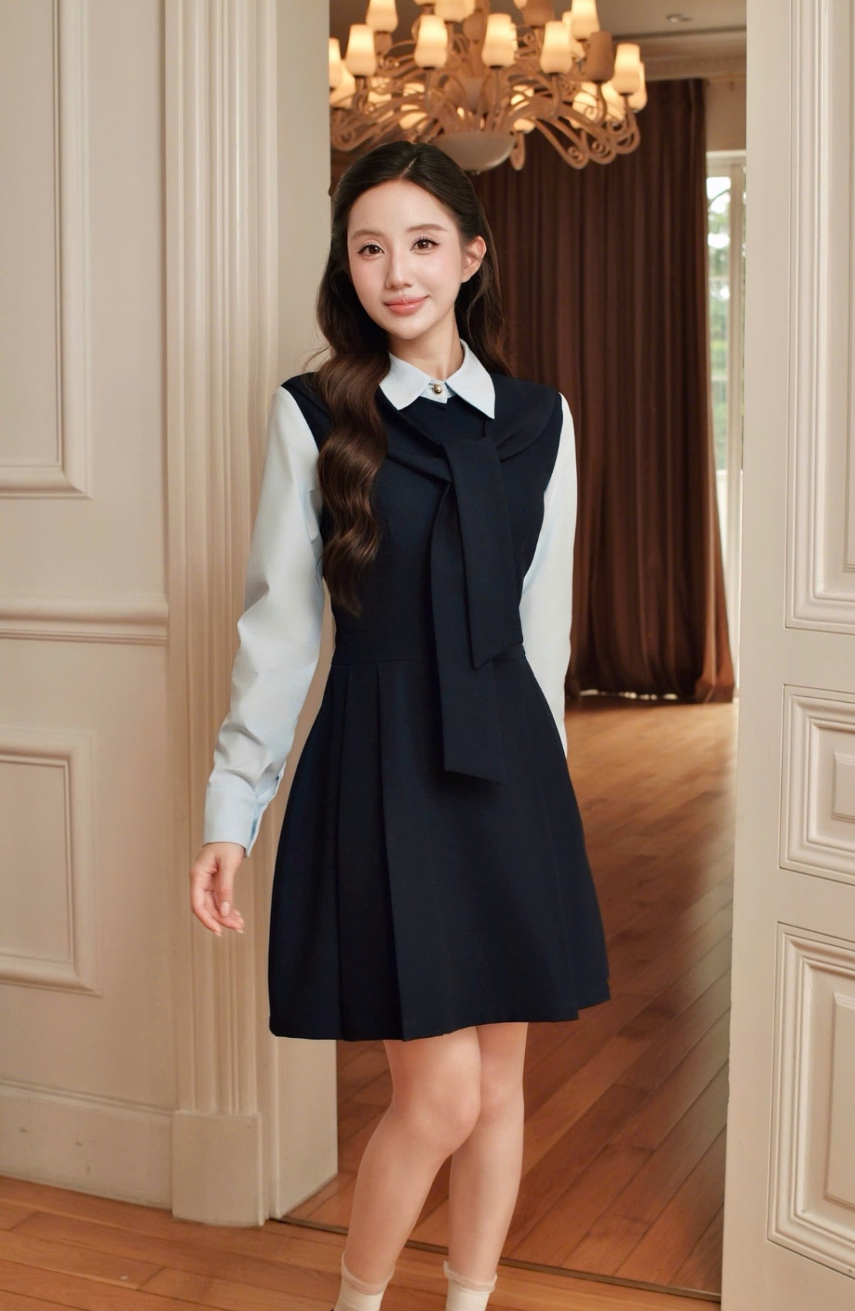Váy nữ Germe VVNH102506 Layces Dress dáng xòe,dài tay,cổ phối sơ mi,phối khăn choàng HC25V62(Y)