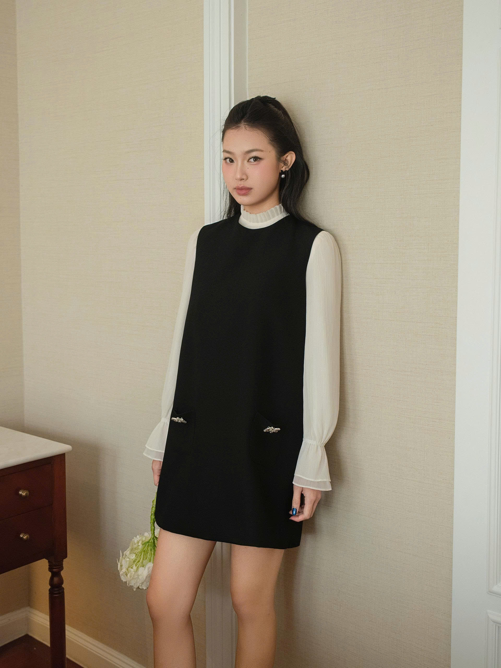 Áó nữ Germe AVNH032603 Matin Shirt dài tay,cổ và tay phối bèo,chất liệu tơ HT26B58(Y)