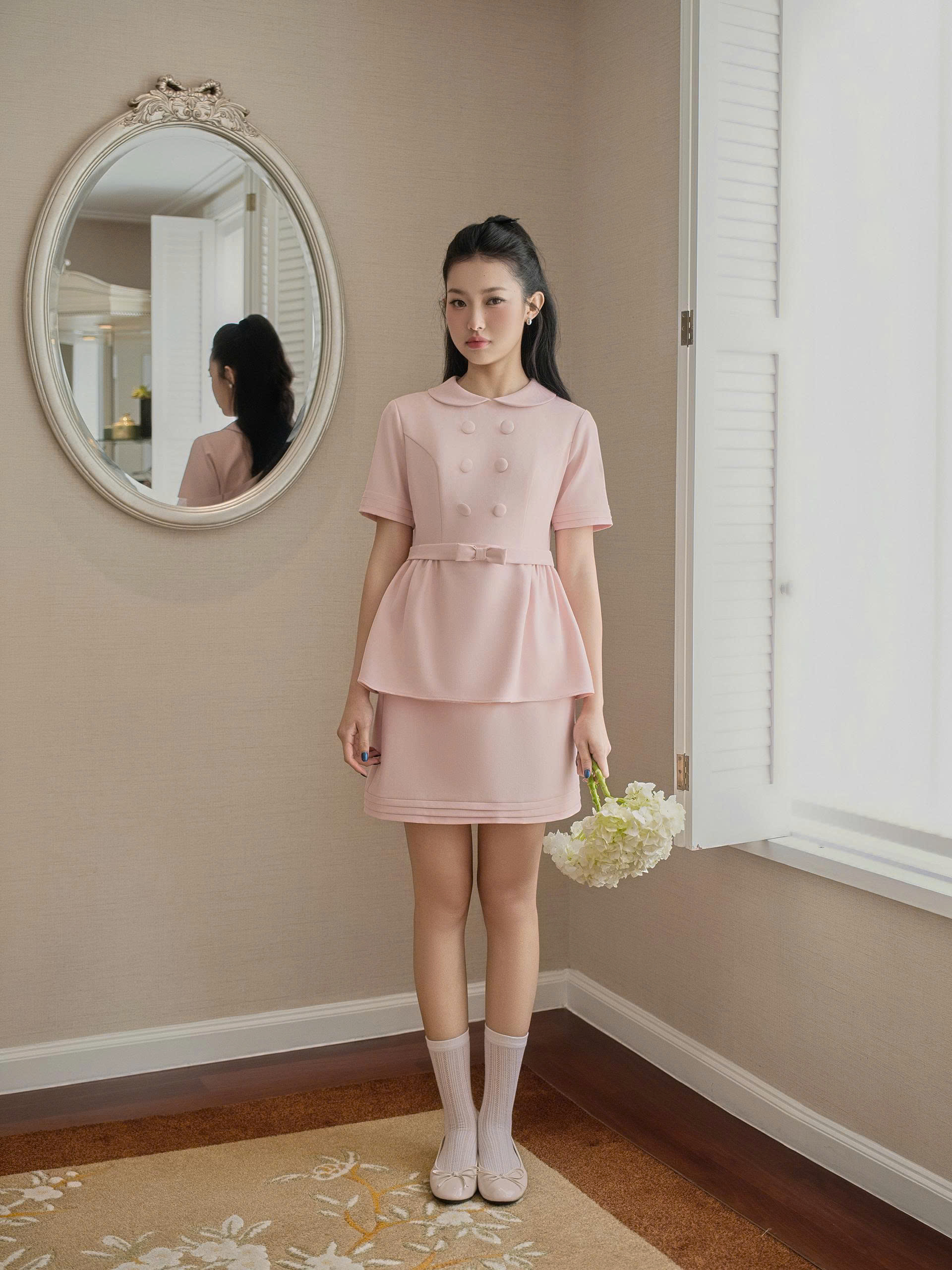 Áo nữ Gerrme AVNT032603 Kan Shirt cổ sen,dúm 2 bên sườn,gấu bèo,hai hàng cúc bọc TB26B27(Y)