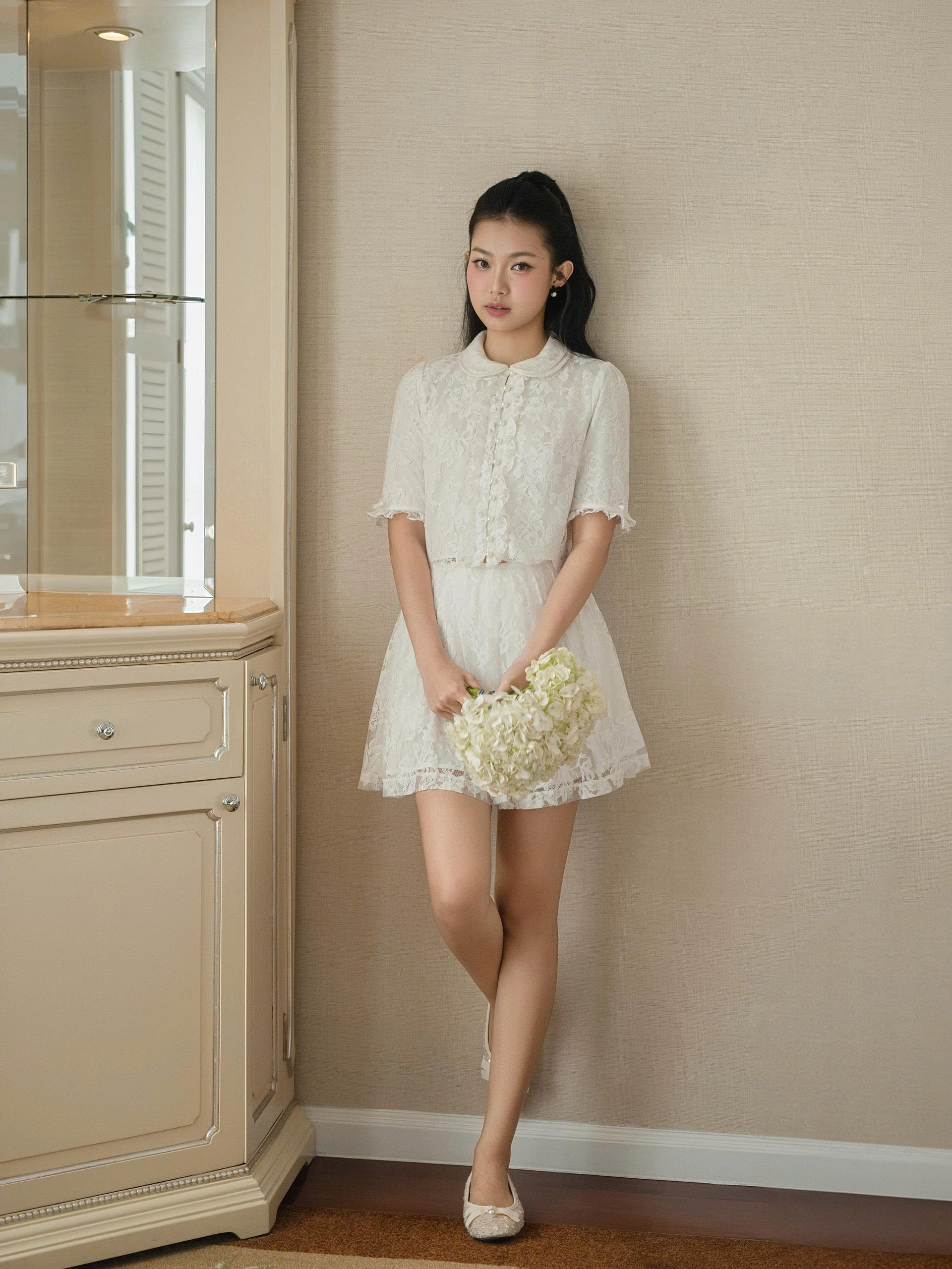 Chân váy nữ Germe VVNH032604 Larlin Skirt dáng ngắn,xếp li,chất liệu ren HC26B01(Y)