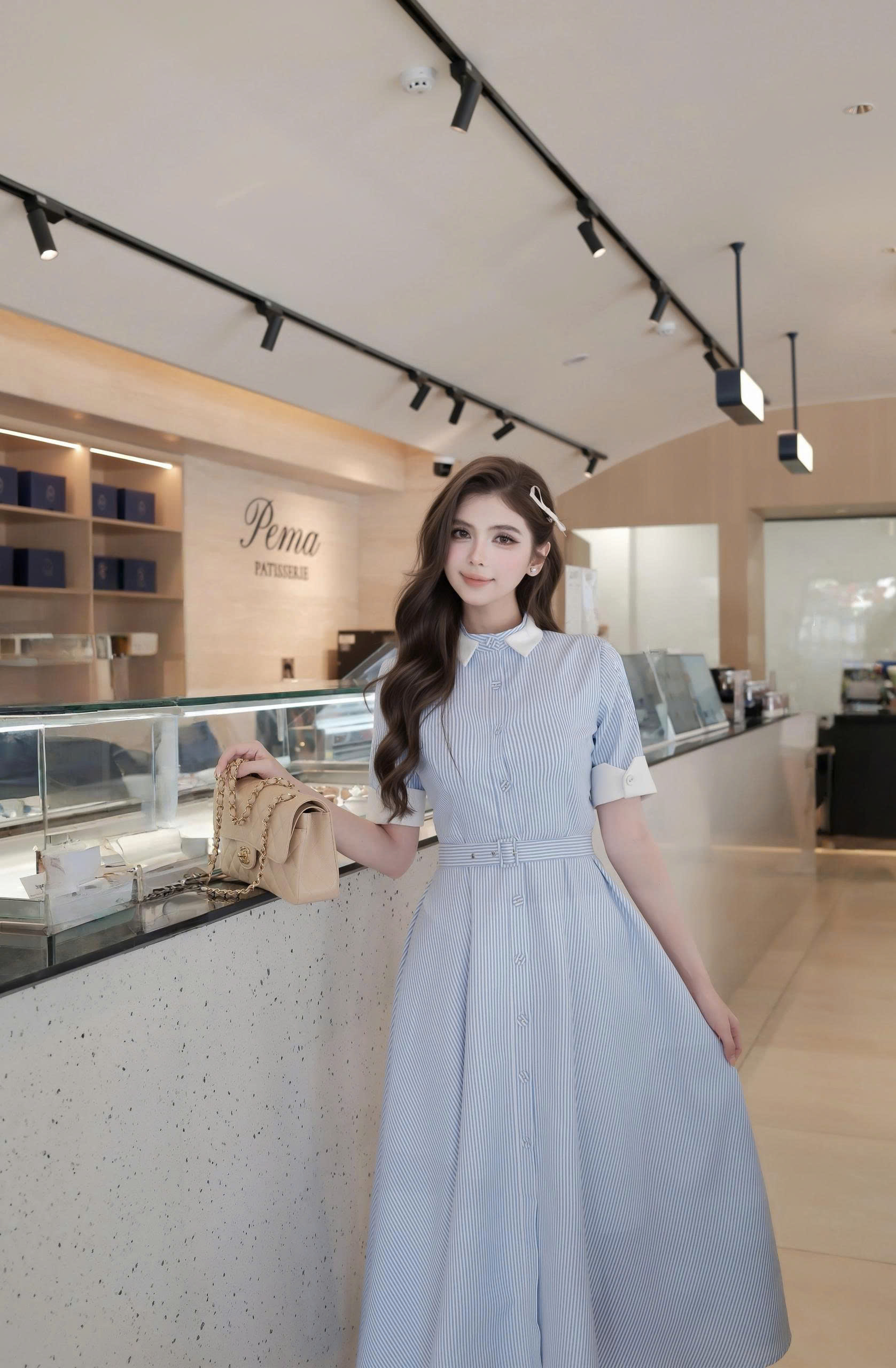 Váy nữ Germe VVNH032609 Hinata Dress dáng dài,phối cổ,tay trắng,có thắt lưng HC26V12(Y)