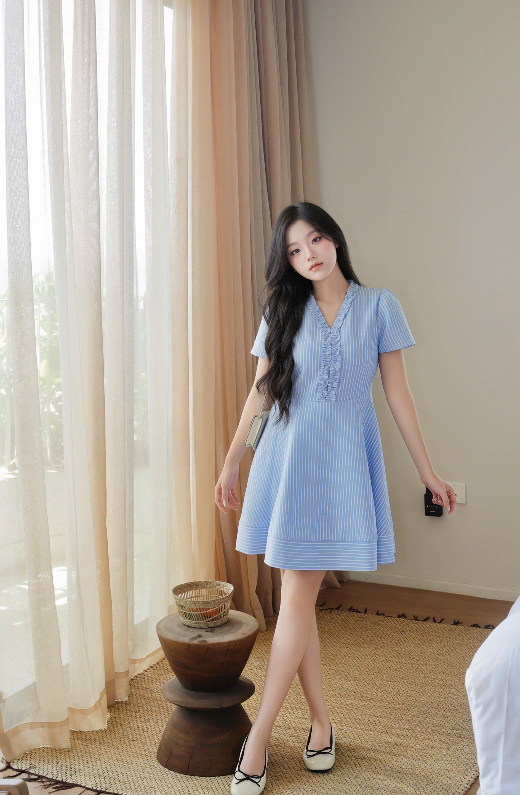 Váy nữ Germe VVNH052603 Clime Dress dáng ngắn,nhún bèo cổ HC26V26(Y)