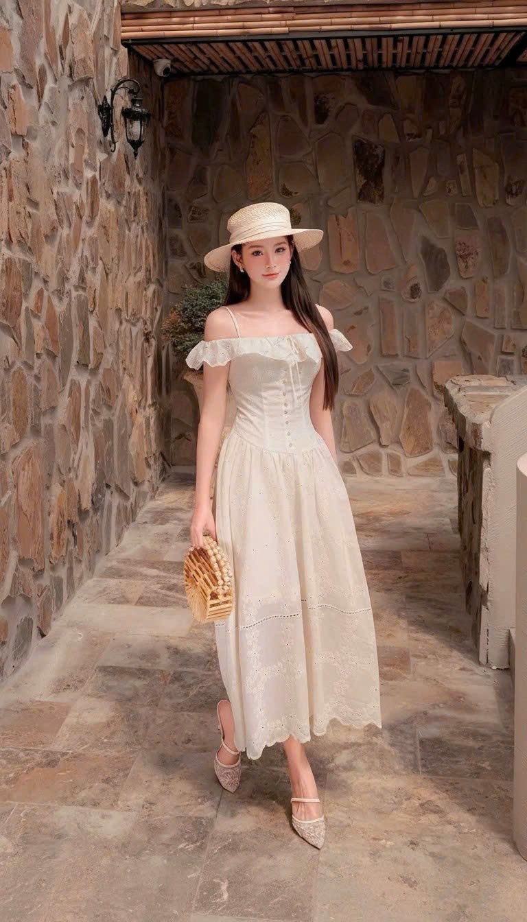 Váy nữ Germe VVNH052608 Flora Dress hai dây,trễ vai bèo,chất liệu vải thô boi thêu HC26V25(Y)