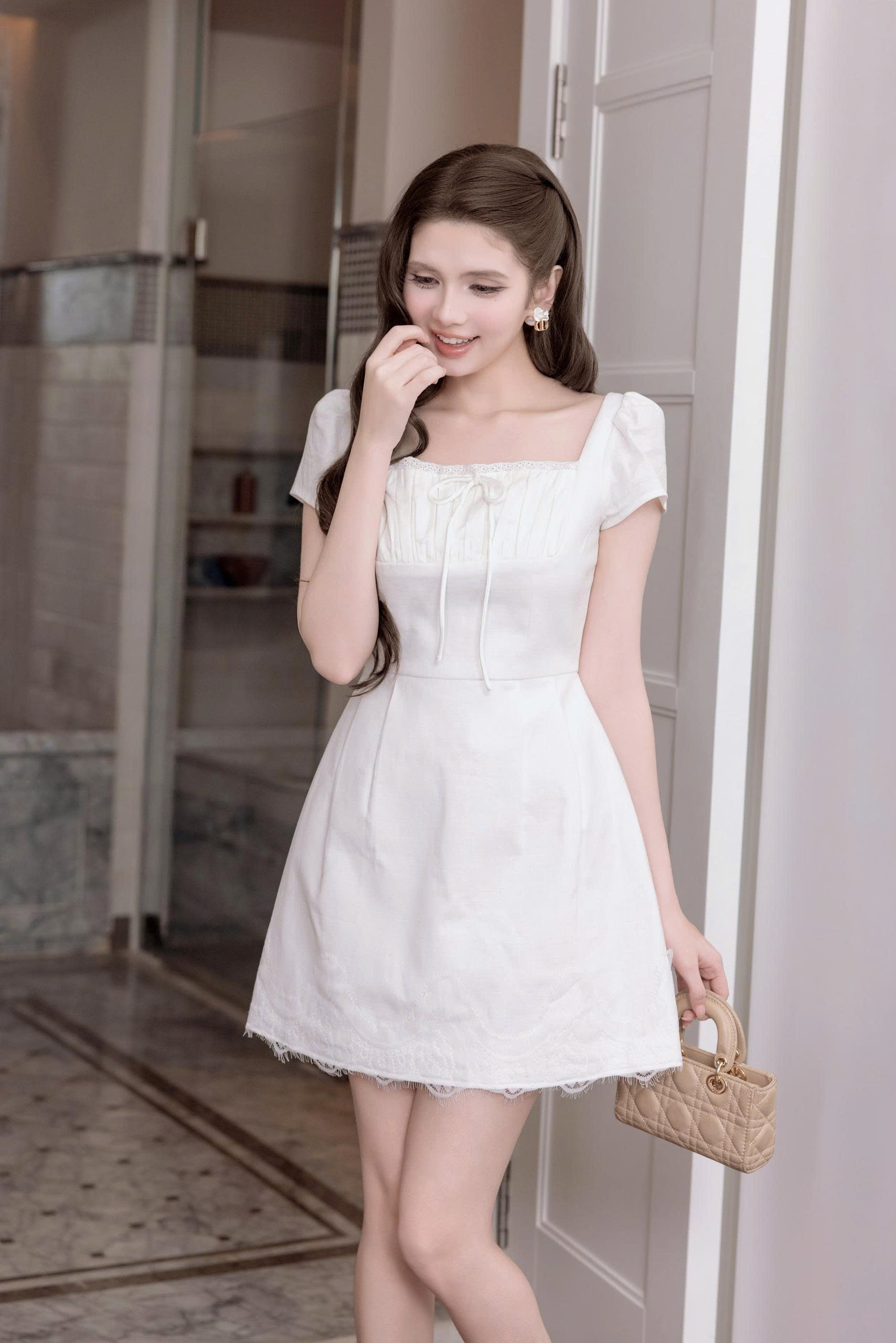 Váy nữ Germe VVNH072607 Hiller Dress dáng A,tay bồng,phối ren ngực và gấu váy HC26V47(Y)