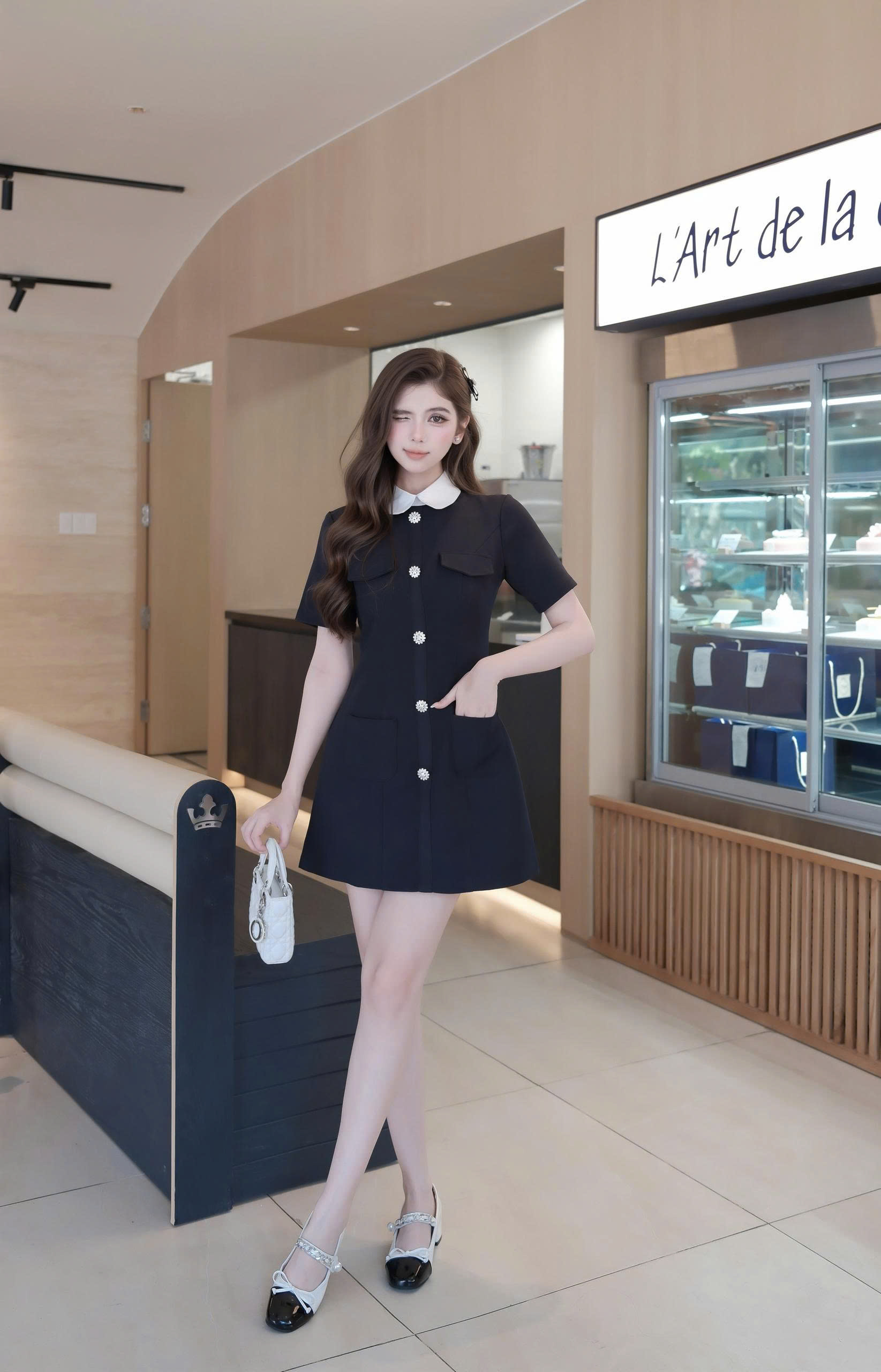 Váy nữ Germe VVNT032603 Meri Dress cộc tay,hai nắp túi ngực,cổ phối trắng,đính khuy đá TB26V37(Y)