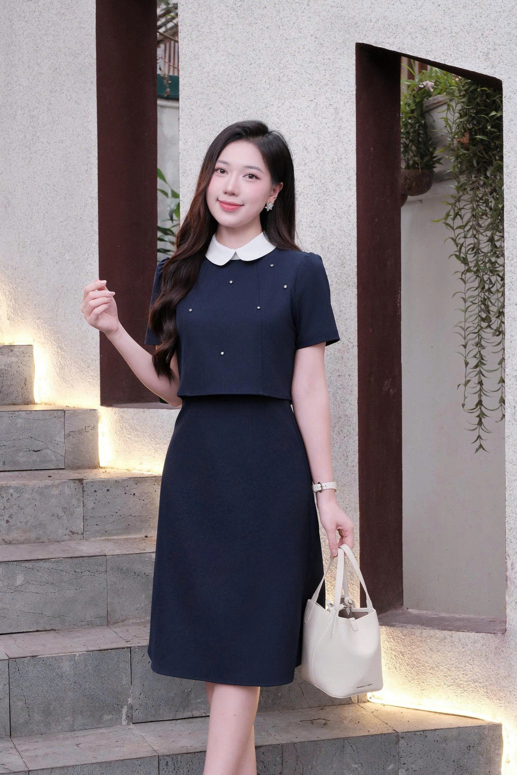 Váy nữ Germe VVNT032604 Mari Dress giả set,cổ phối trắng,dáng xòe,đính cườm TC26V08(Y)