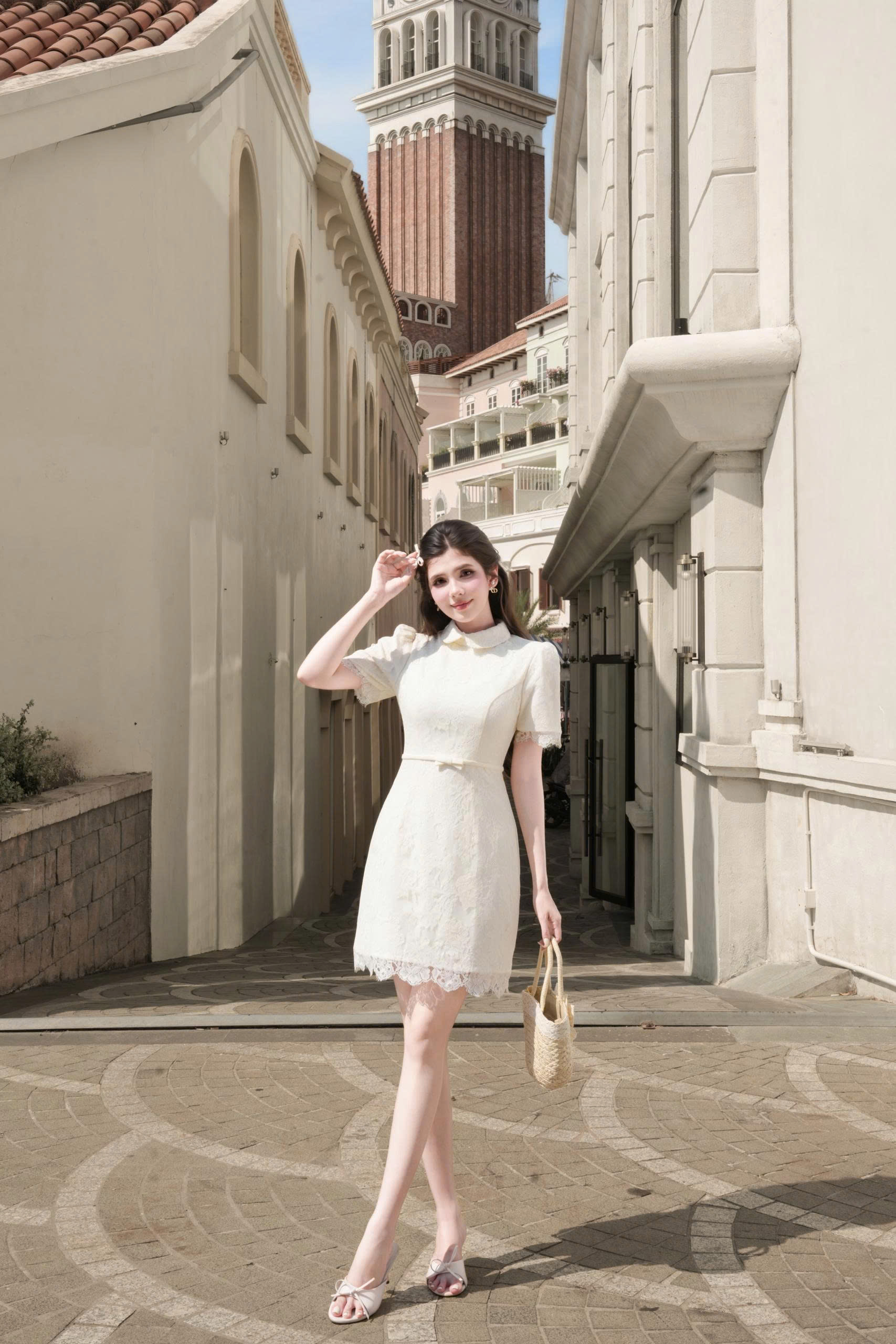 Váy nữ Germe VVNT042602 Nasin Dress cổ sen,chất liệu ren,dáng a,kèm nơ eo TB26V06(Y)