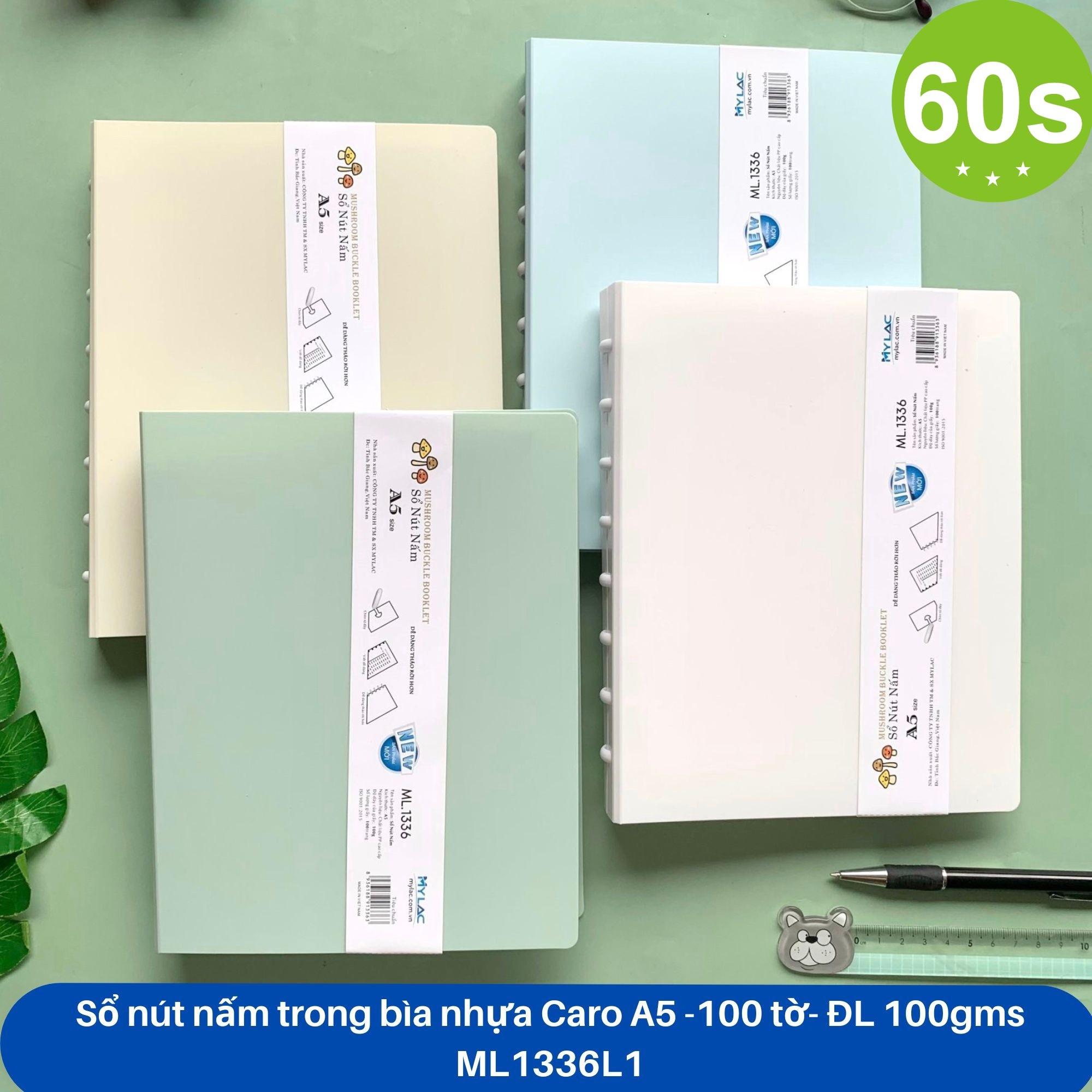 Sổ còng A5 caro Mylac ML1336 200 trang (nút nấm trong) (HĐ 8%)