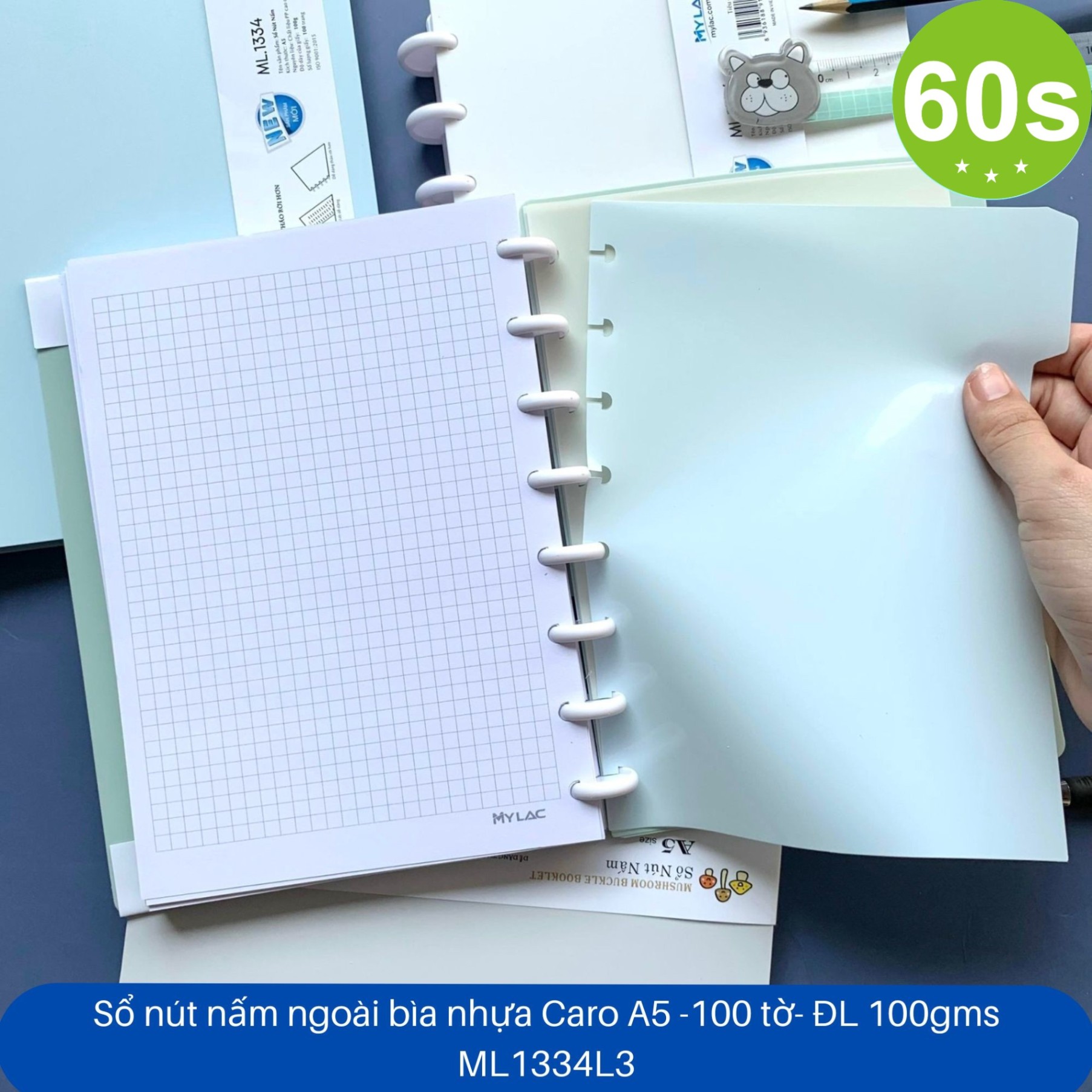 Sổ còng A5 caro Mylac ML1334 200 trang (nút nấm ngoài)