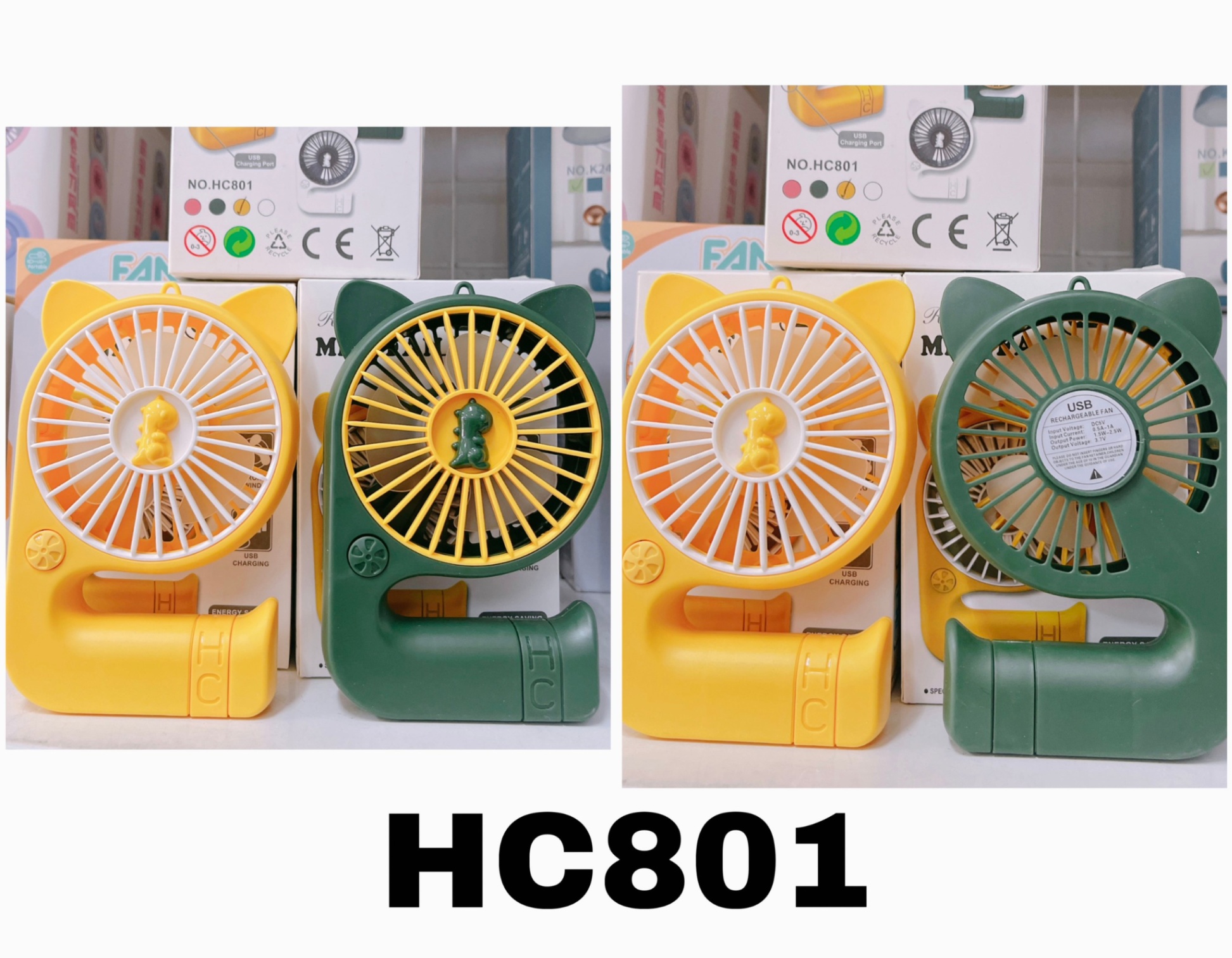 Quạt sạc có đèn, để bàn/cầm tay HC801