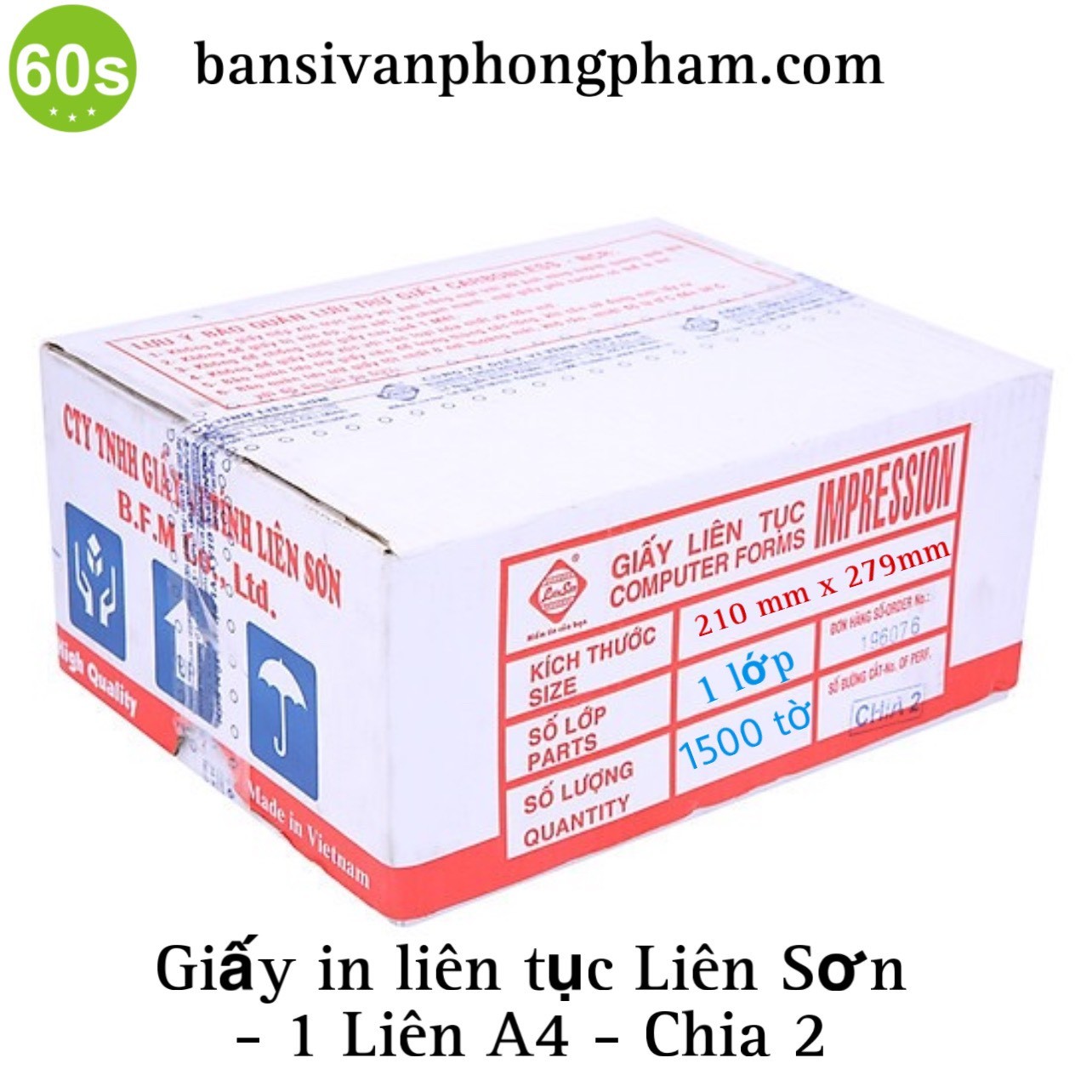 Giấy in liên tục Liên Sơn 1 liên A4 chia 2