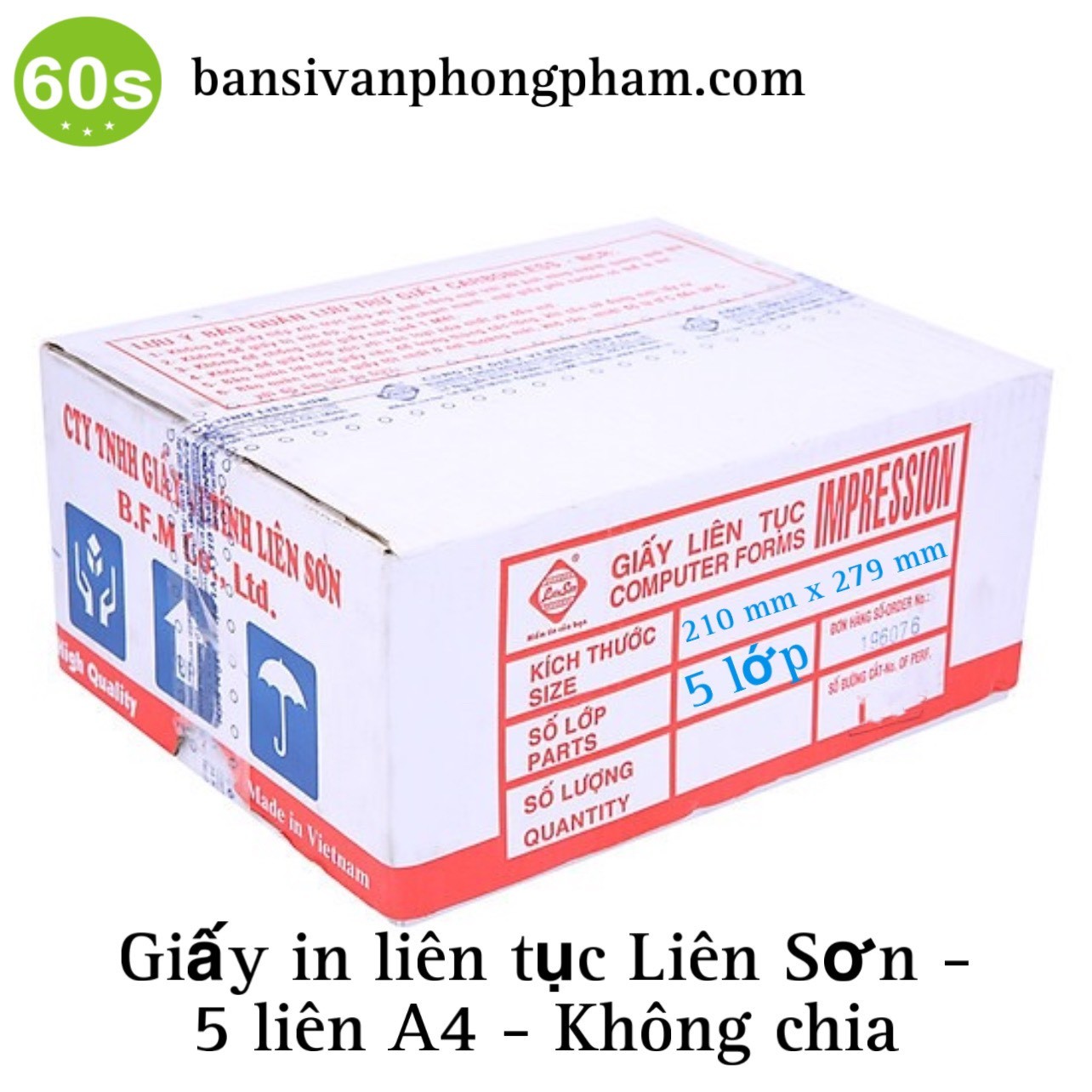 Giấy in liên tục Liên Sơn 5 liên A4 không chia