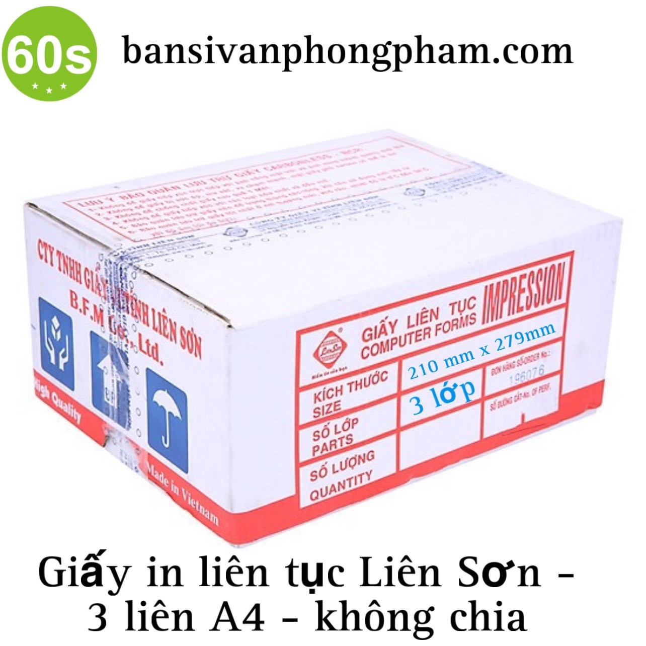 Giấy in liên tục Liên Sơn 3 liên A4 không chia