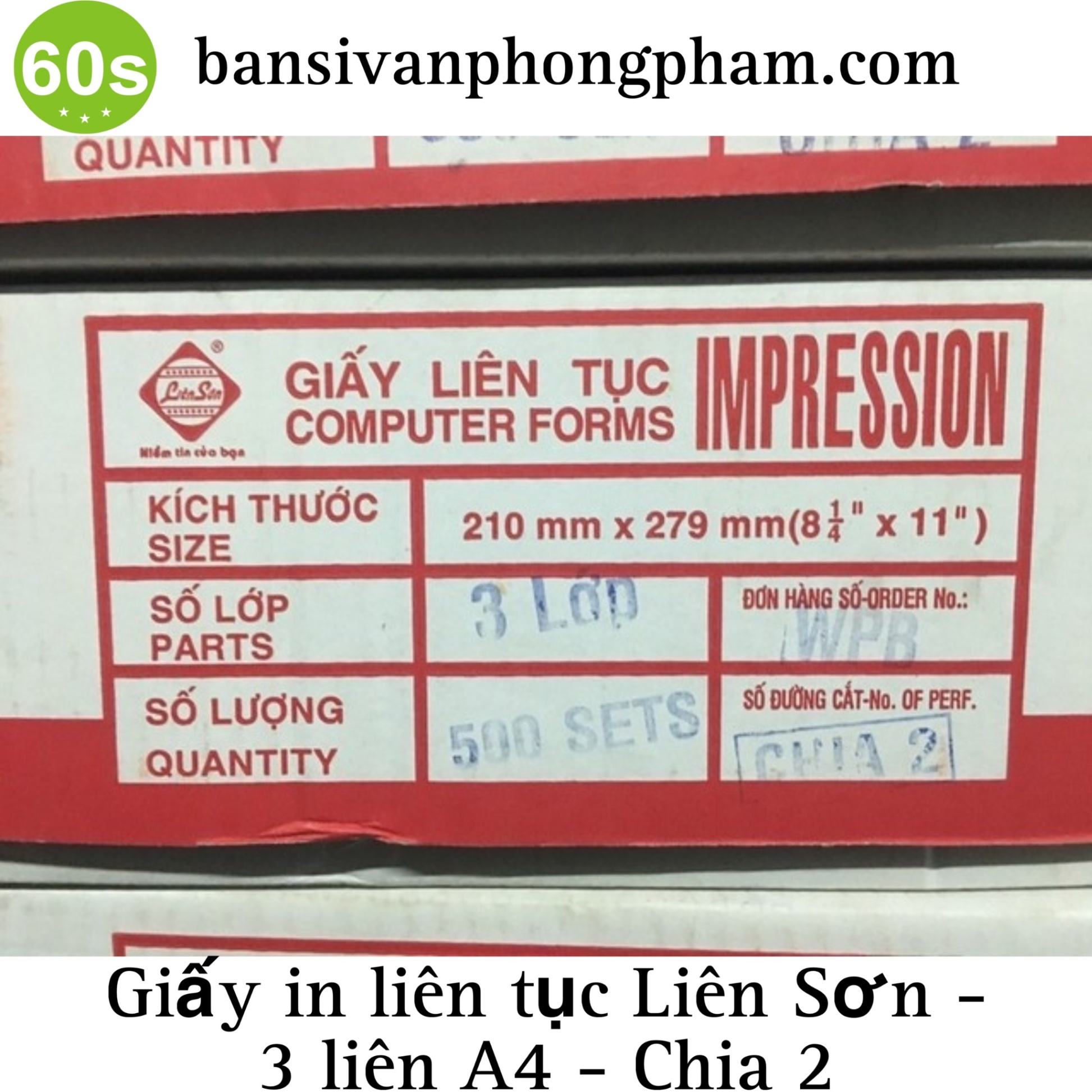 Giấy in liên tục Liên Sơn 3 liên A4 chia 2