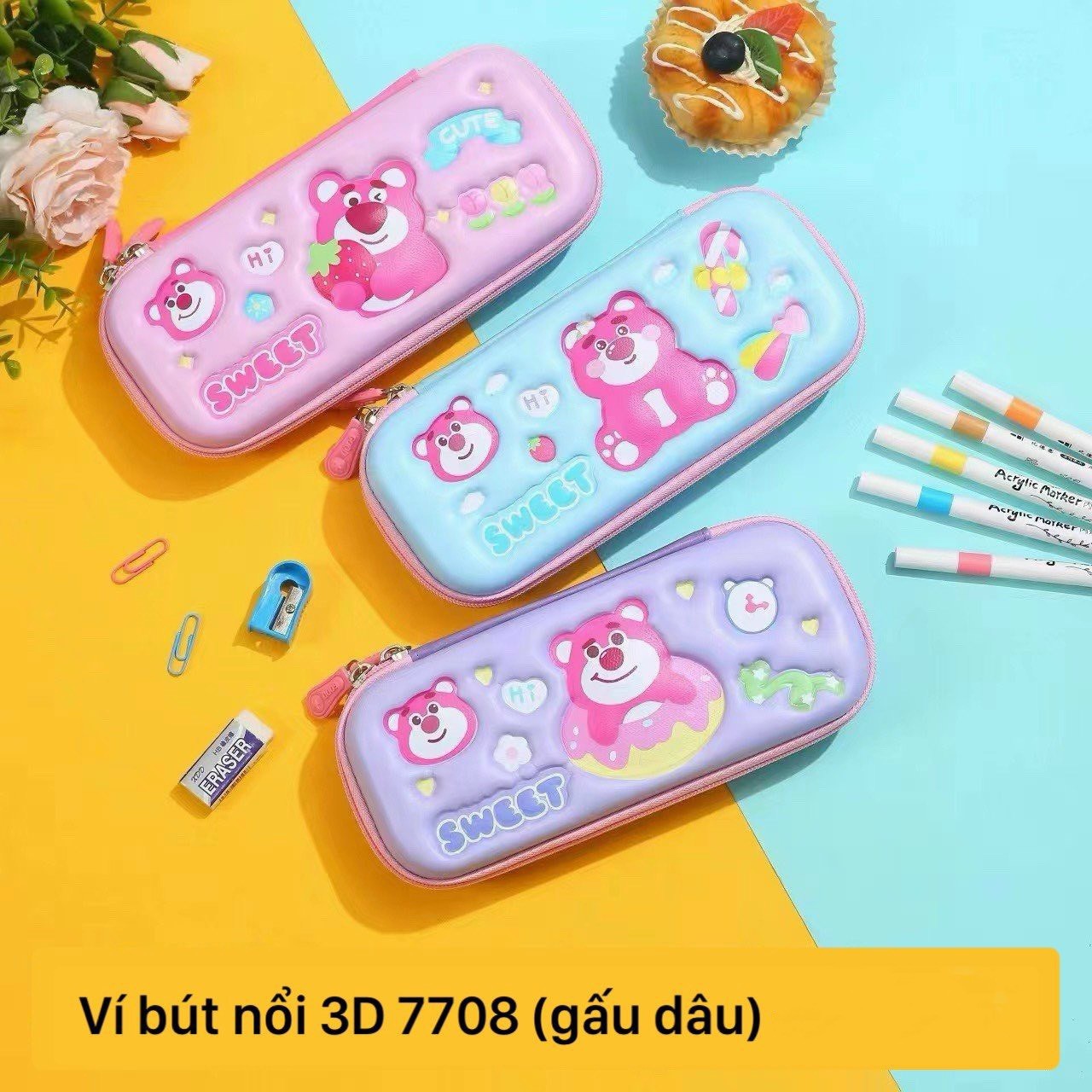 Túi đựng bút nổi gấu dâu 3D - SH-7708