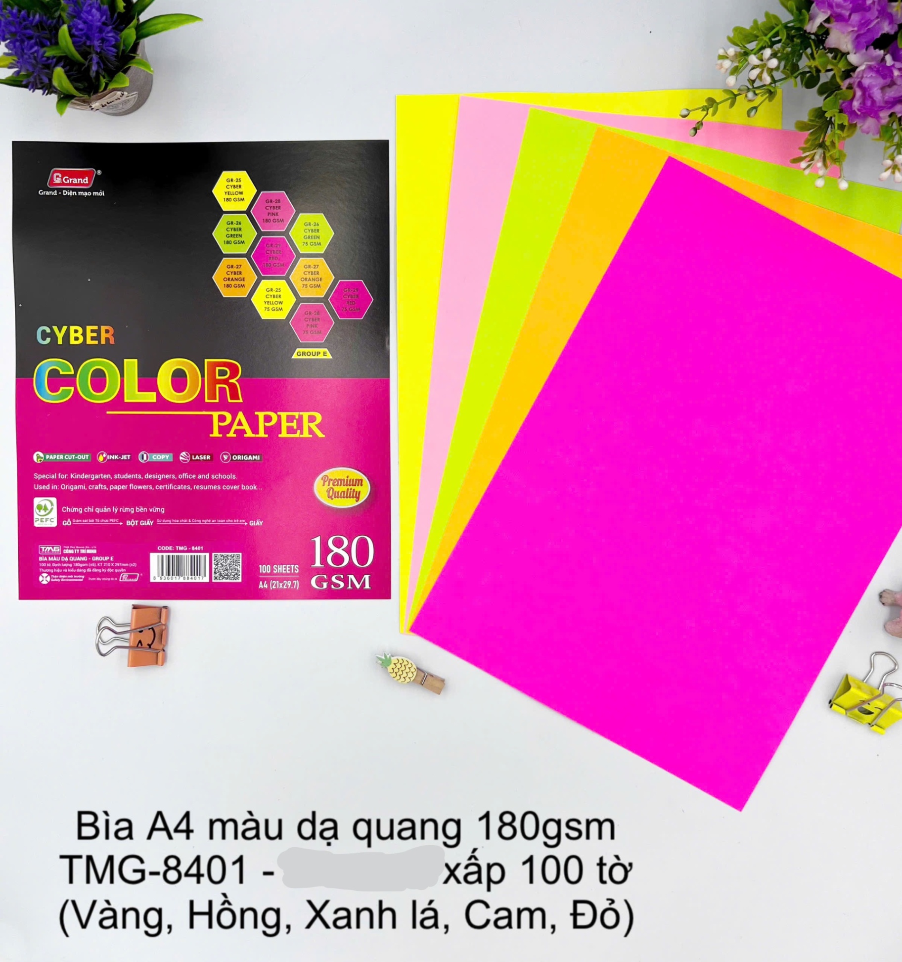 Giấy A4 bìa dày Dạ quang TMG 8401 ĐL180 xấp 5 màu (HĐ 8%)
