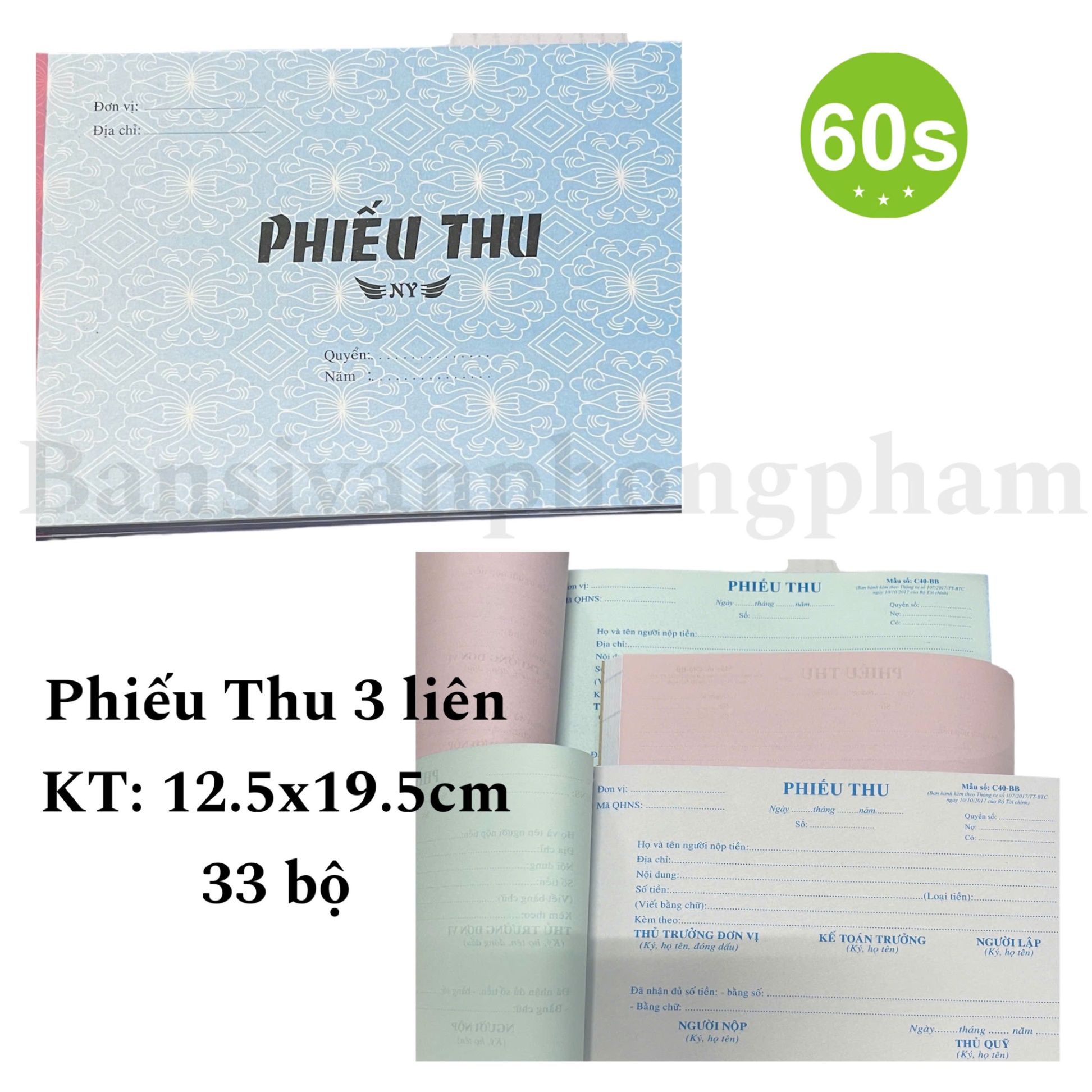 Phiếu thu 3 liên (19.5x12.5, 33 bộ)