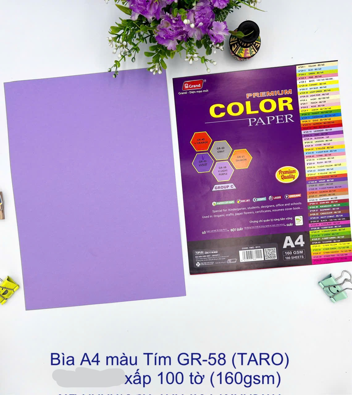 Giấy A4 bìa dày GR-58 (TARO) ĐL160 - Tím