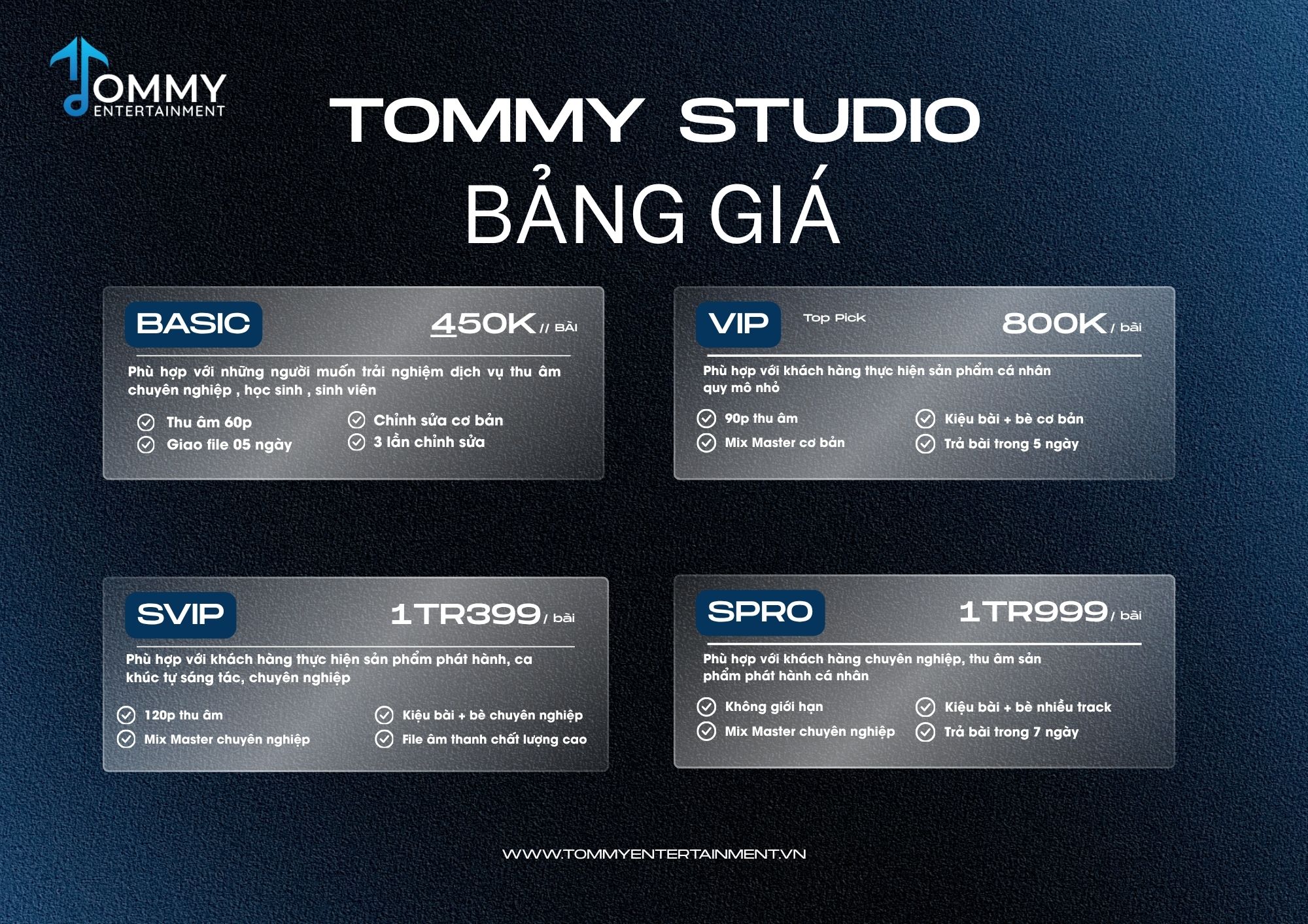 TOMMY STUDIO - BẢNG GIÁ THAM KHẢO DỊCH VỤ