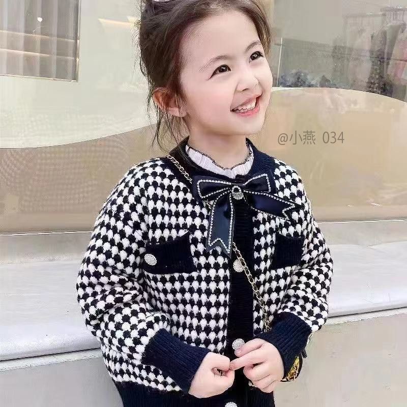 AK034-Áo khoác len bé gái, cardigan len đen kèm nơ đá Tiểu Yến KID