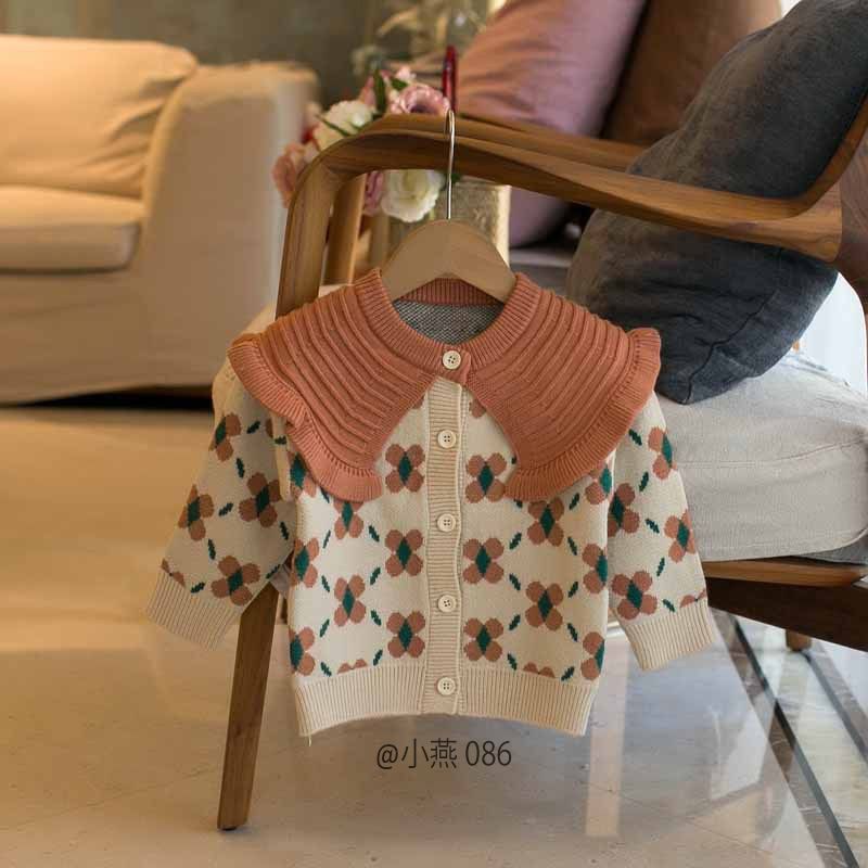 AK086-Cardigan len hoa cổ nâu/đỏ