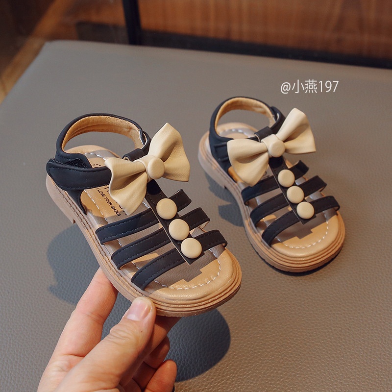 G197-Sandal quai đen nơ kem