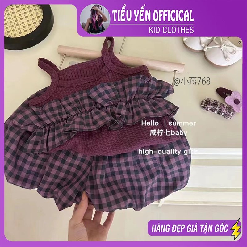 S768-Bộ quần áo 2 dây mùa hè bé gái màu caro tím Tiểu Yến KID