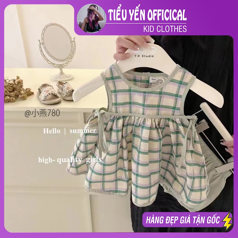 S780-Bộ quần áo hè bé gái style hàn quốc họa tiết caro xanh vải thô mát Tiểu Yến KID